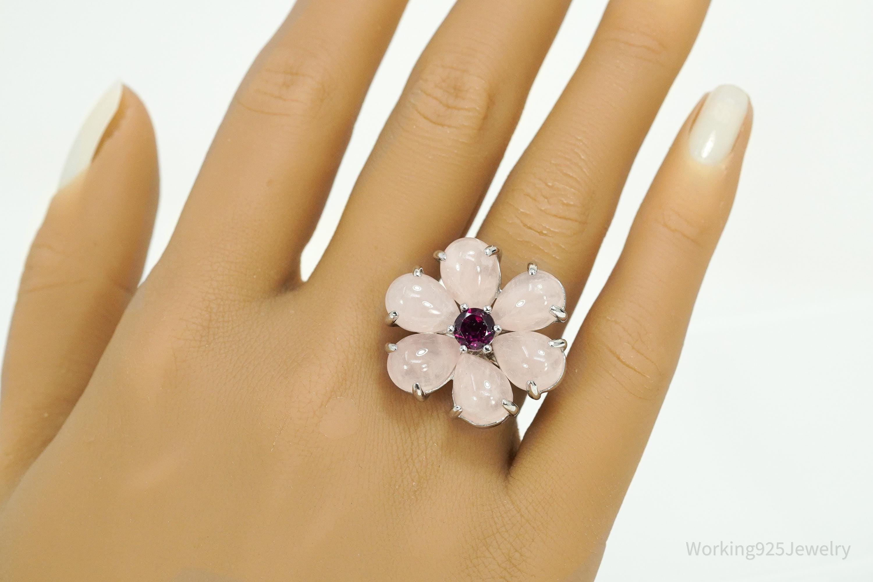Rose Quartz & Rhodolite Garnet Sterling Silver Flower Ring - Size 7