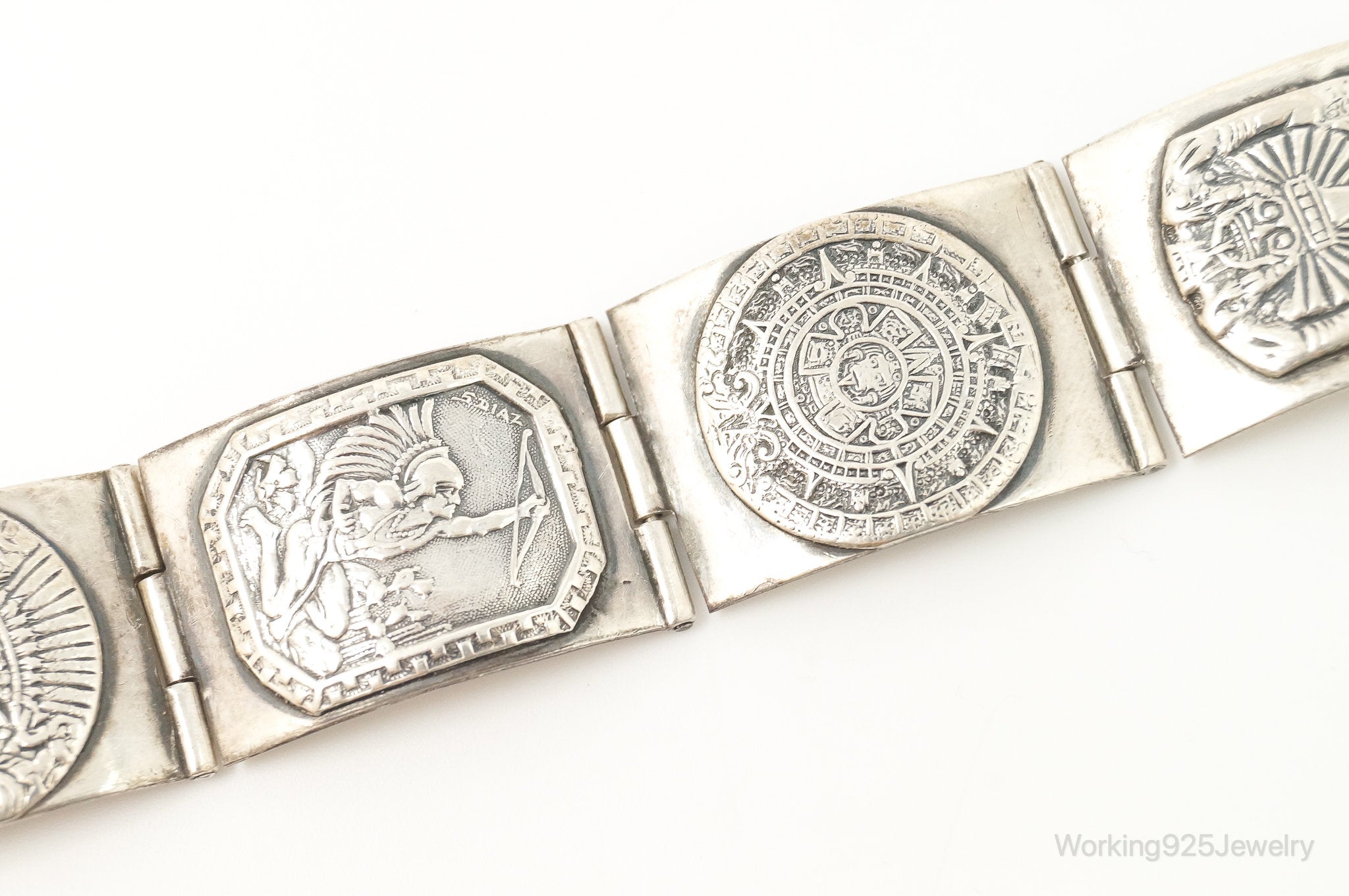 Vintage Mexico Aztec Pictures Sterling Silver Panel Bracelet