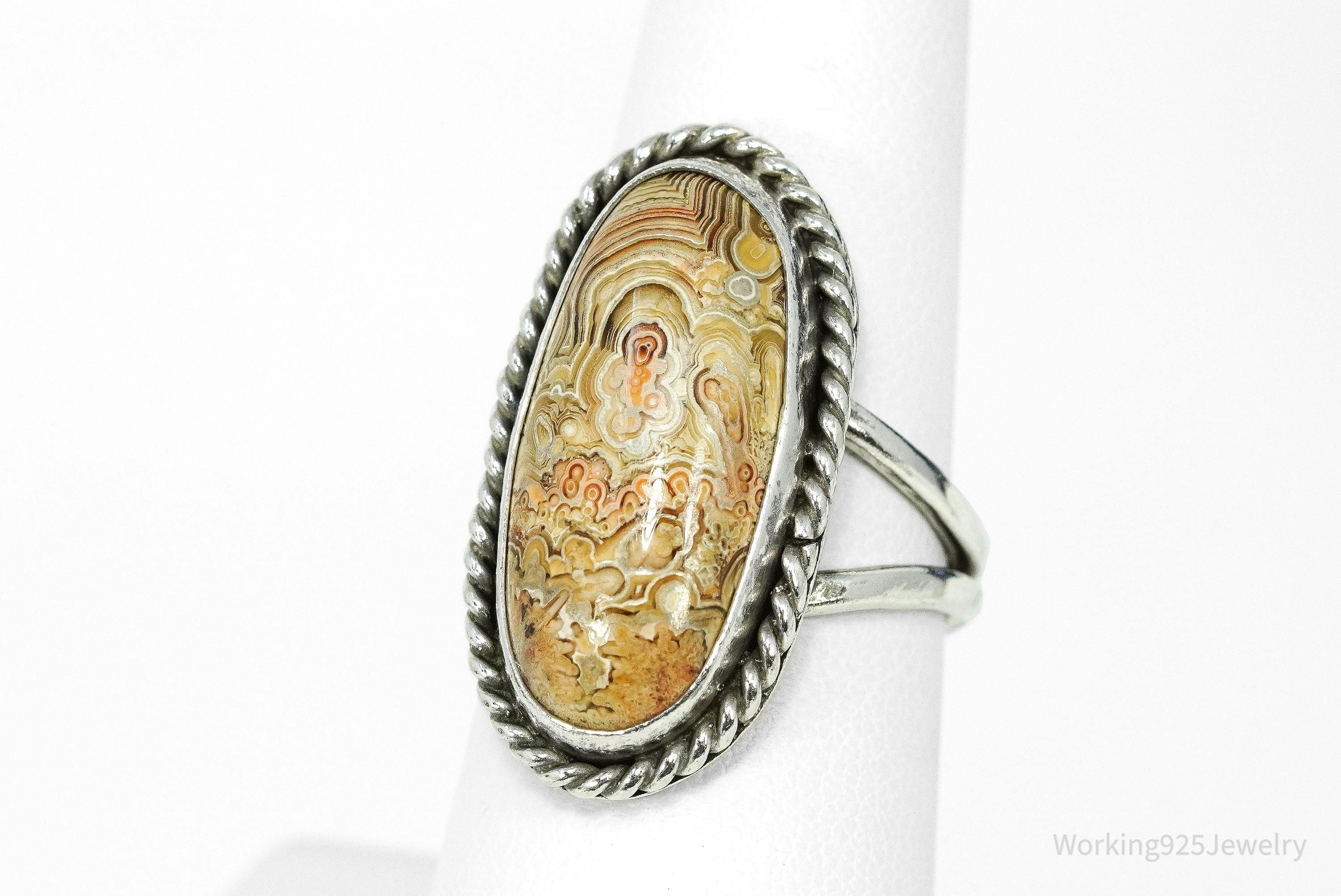 Vintage Native American Unsigned Crazy Lace Agate Silver Ring - Size 7