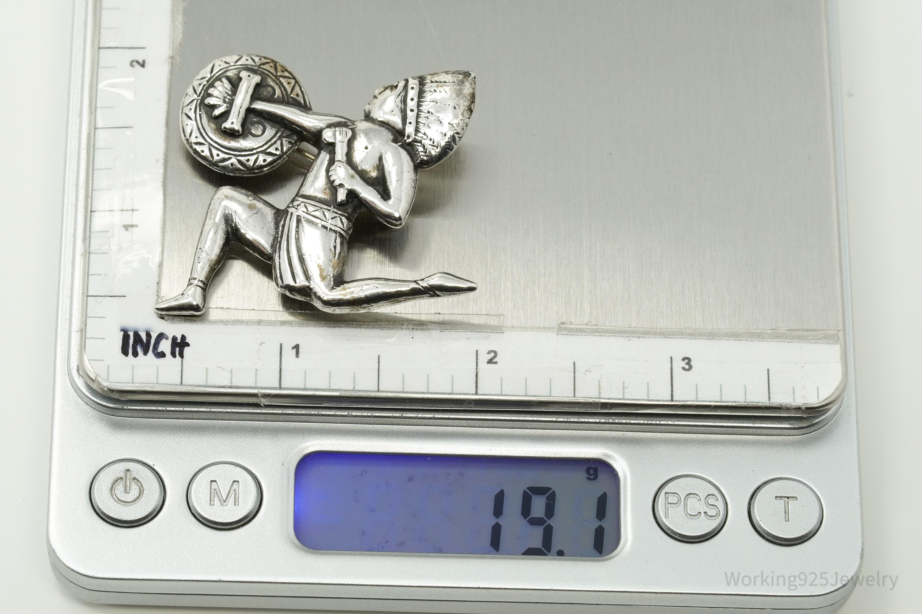 Vintage Native American Warrior Unsigned Silver Brooch Pin