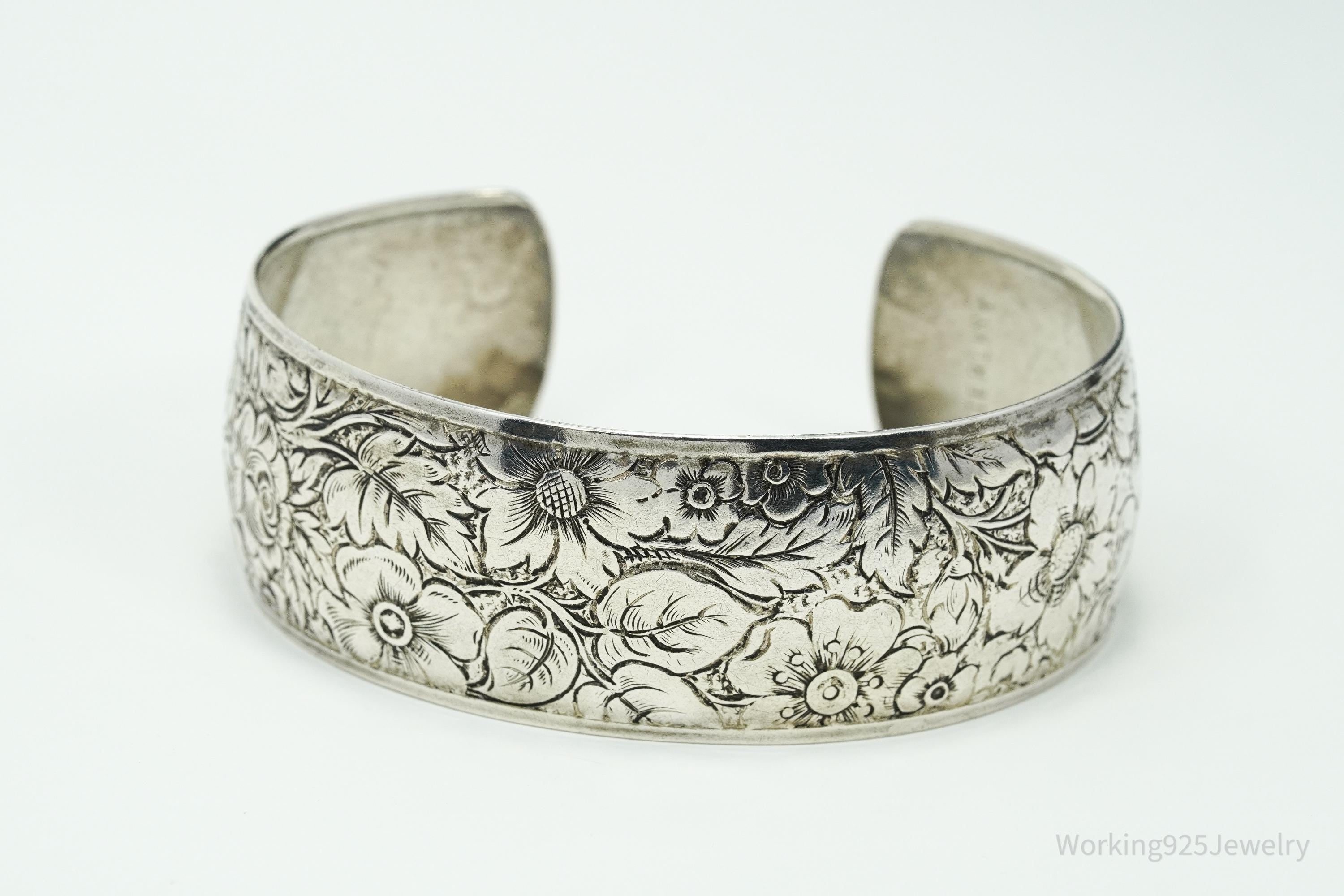 Antique Art Nouveau Floral Pattern Sterling Silver Cuff Bracelet - 7.5"