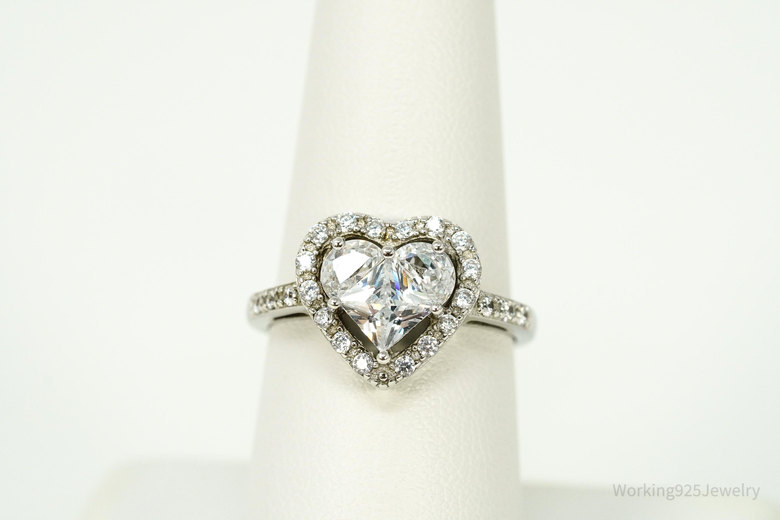 Vintage Cubic Zirconia Heart Sterling Silver Ring - Size 8