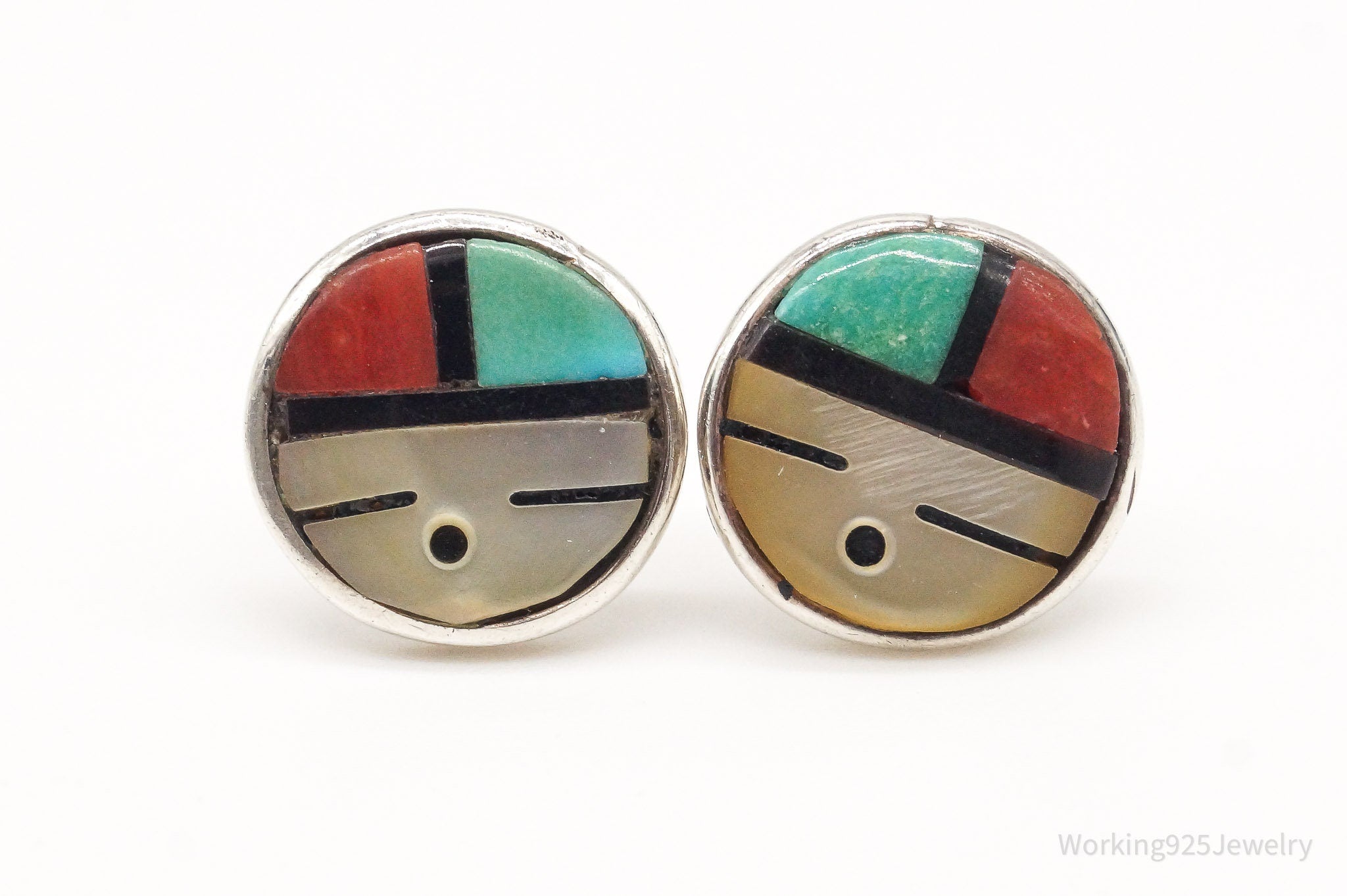 Vintage Native American Zuni Multi Gemstone Silver Earrings