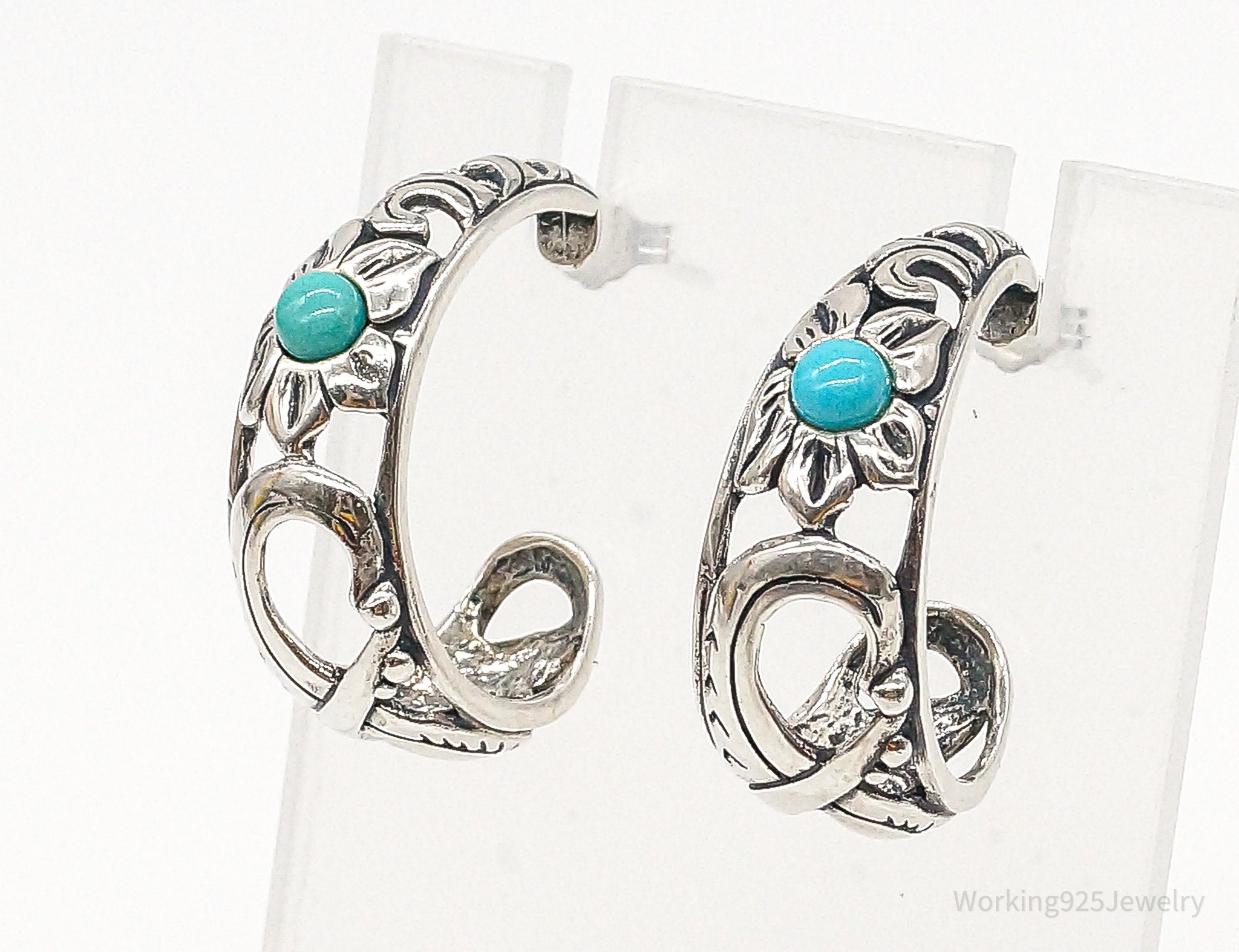 Western Designer Carolyn Pollack Turquoise Sterling Silver Hoop Earrings