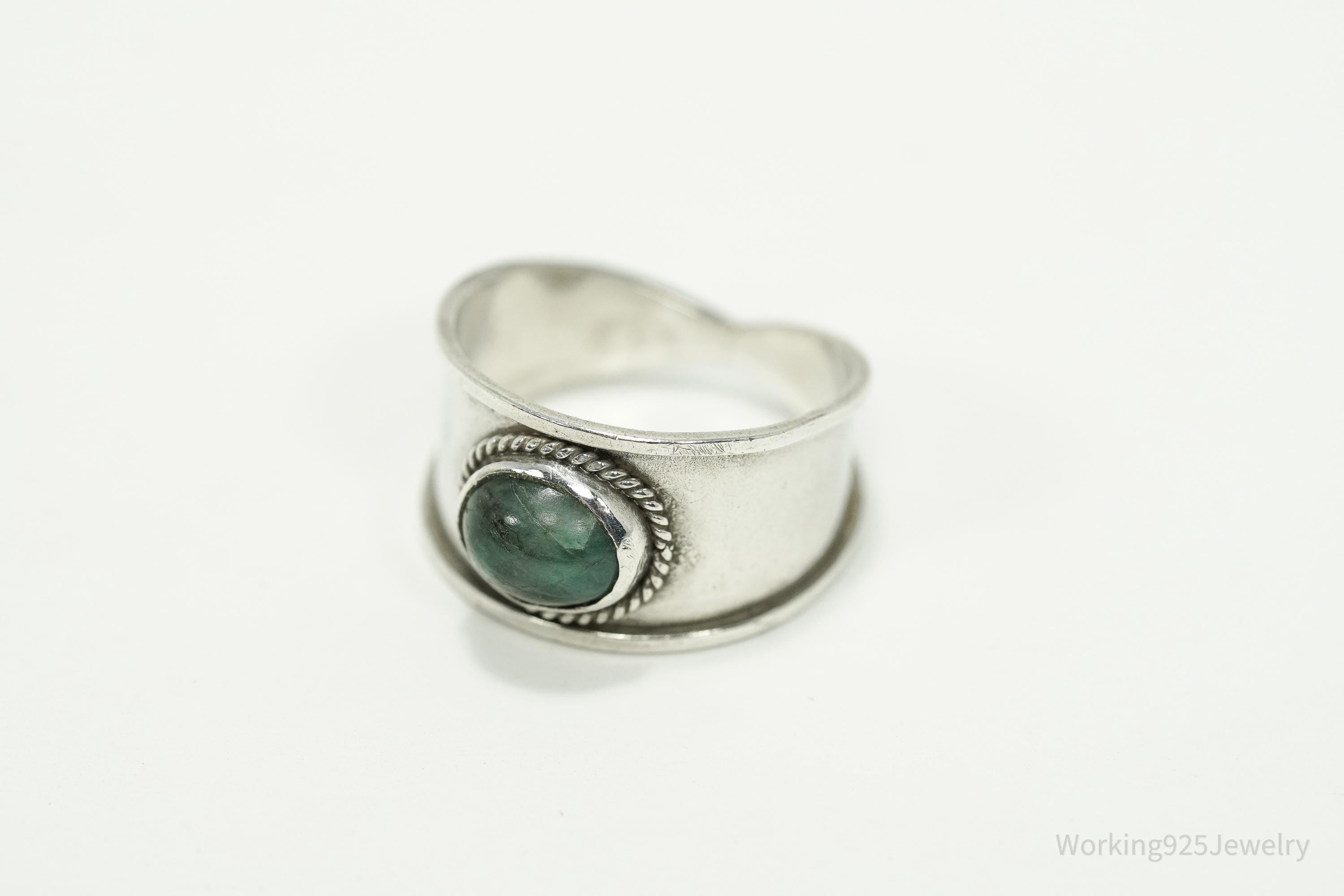 Vintage Green Stone 950 Silver Ring - Size 7.75