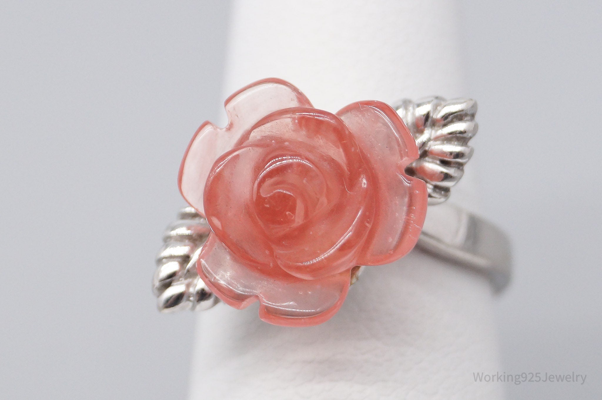 Vintage Pink Plastic Rose Sterling Silver Ring - Size 6