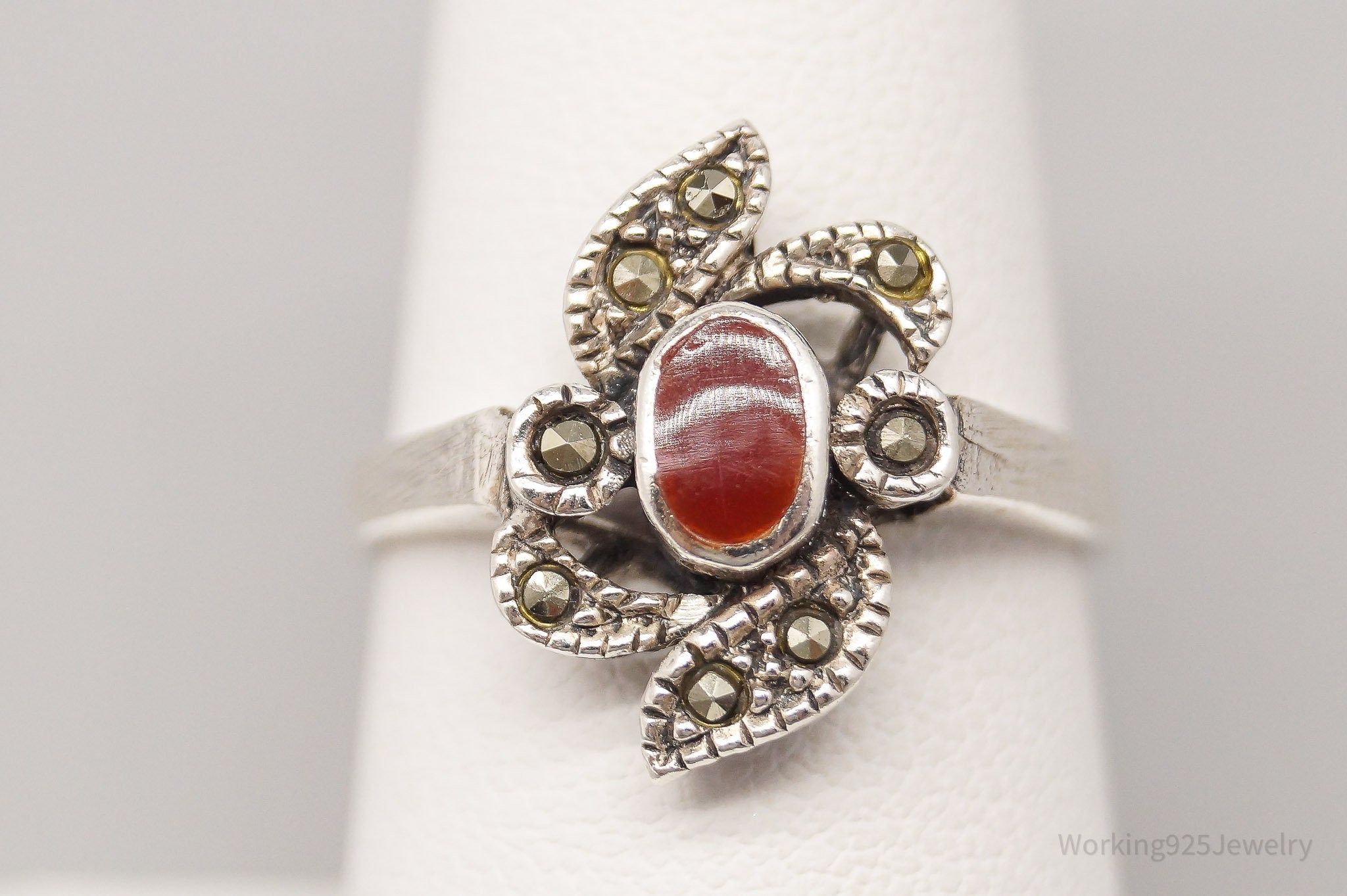 Vintage Carnelian & Marcasite Sterling Silver Ring - Size 7.5