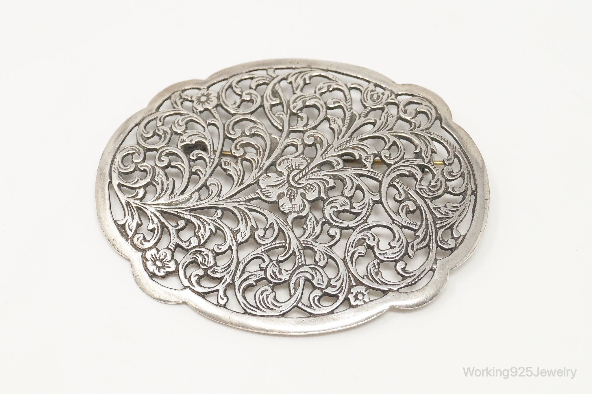 Vintage Art Nouveau Style Motif Floral Sterling Silver Brooch Pin