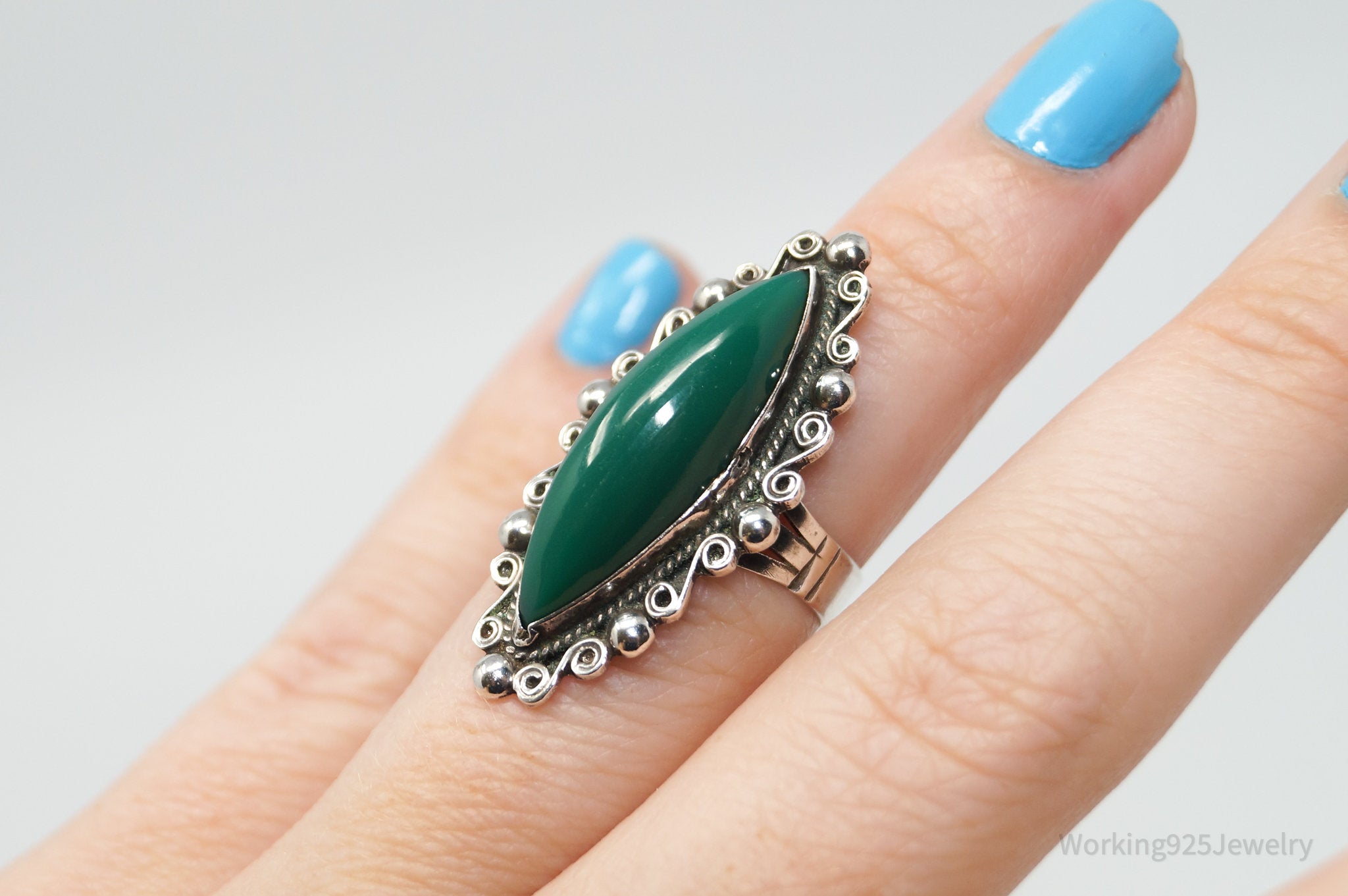 Vintage Mexico Green Onyx Southwestern Sterling Silver Ring - Sz 5.5