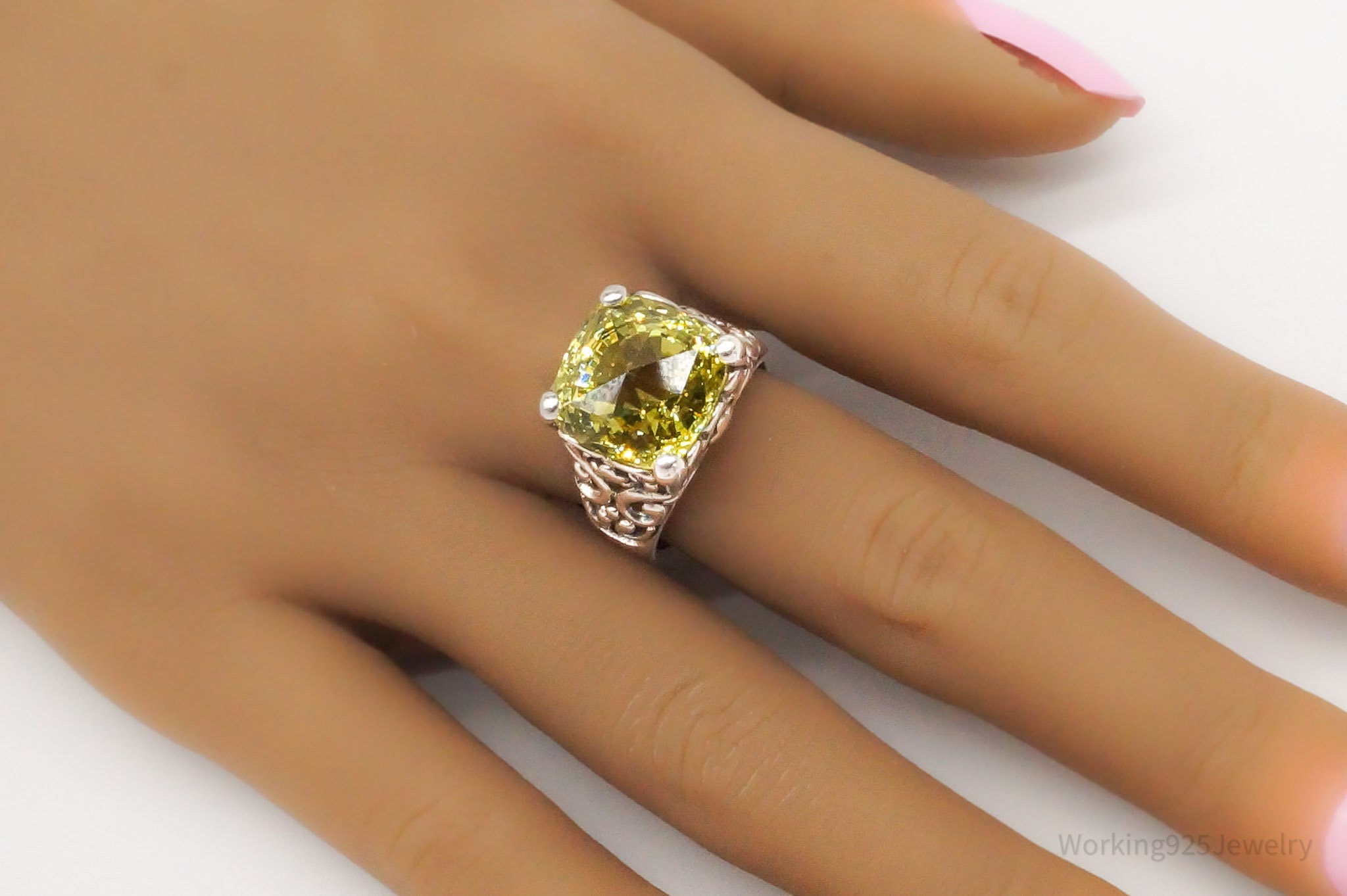 Vintage Large Yellow Cubic Zirconia Sterling Silver Ring - Size 8