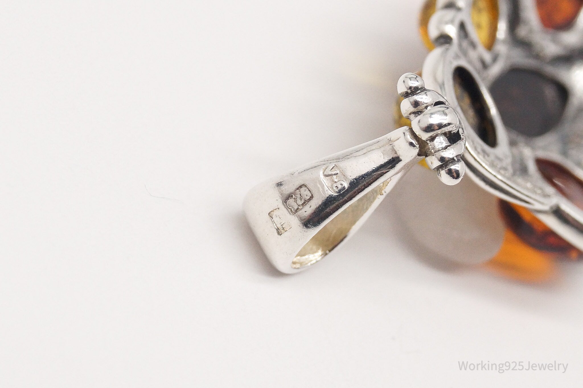 Large Vintage Multi Type Amber Sterling Silver Necklace Pendant