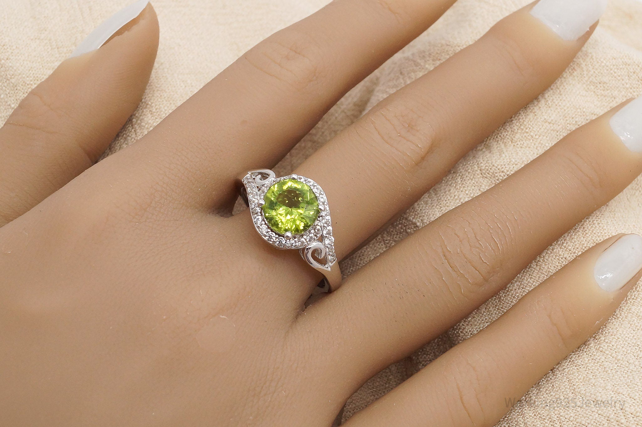 BBJ Manchurian Peridot White Zircon Rhodium Over Sterling Silver Ring - Size 12