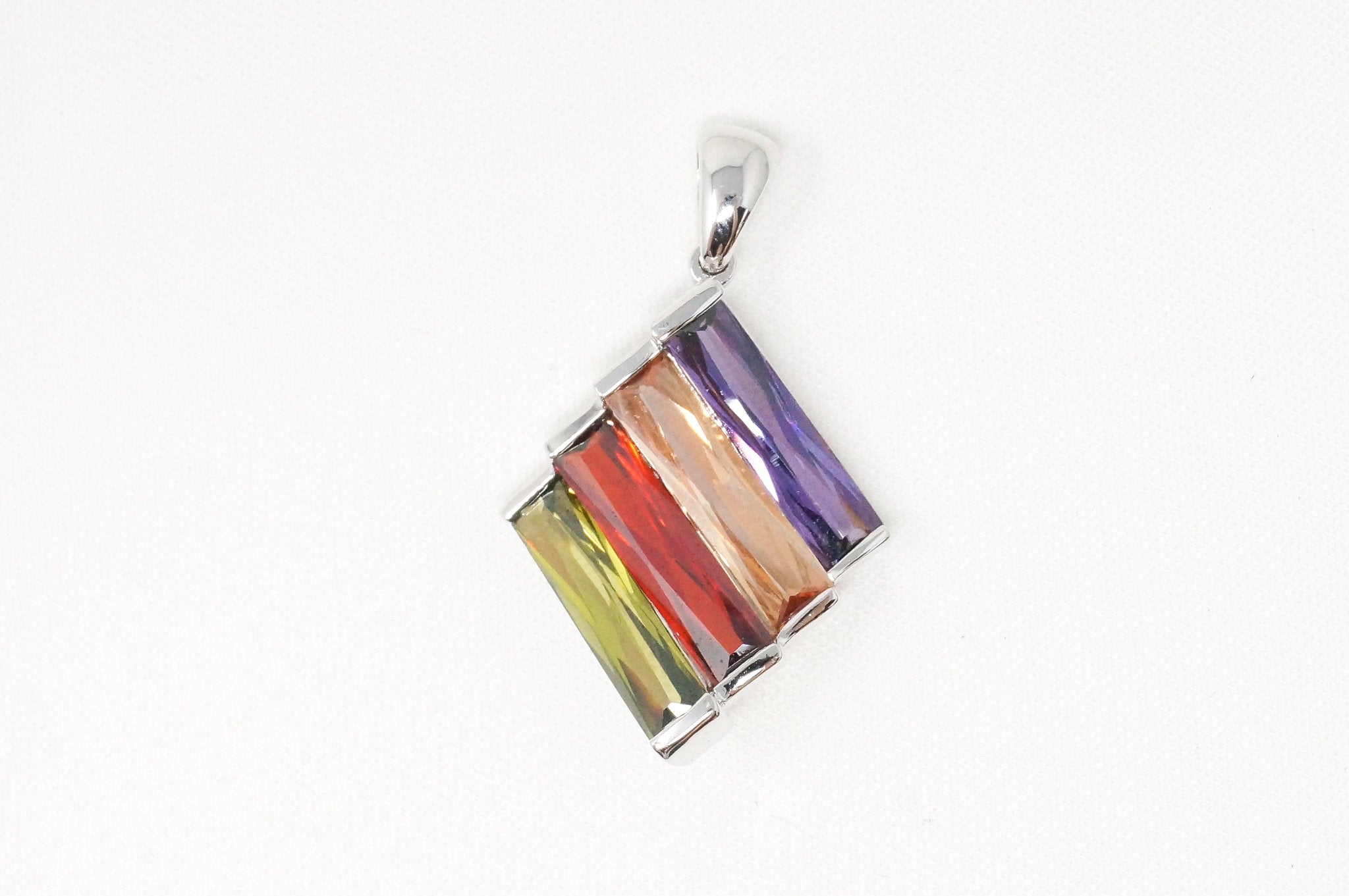 Vintage Peridot Amethyst Citrine Garnet Rainbow Sterling Silver Necklace Pendant