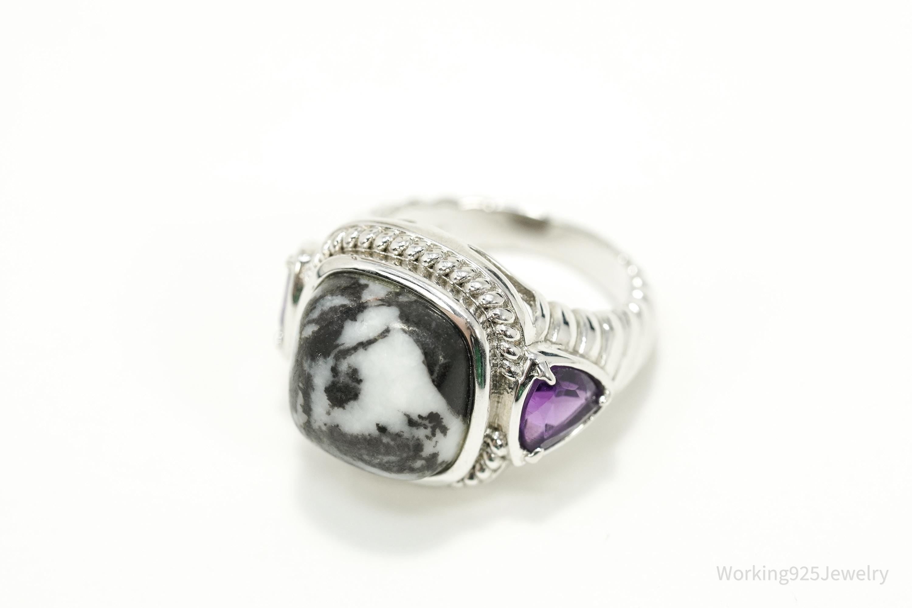 Vintage Black & White Gemstone Amethyst Sterling Silver Ring – Size 7