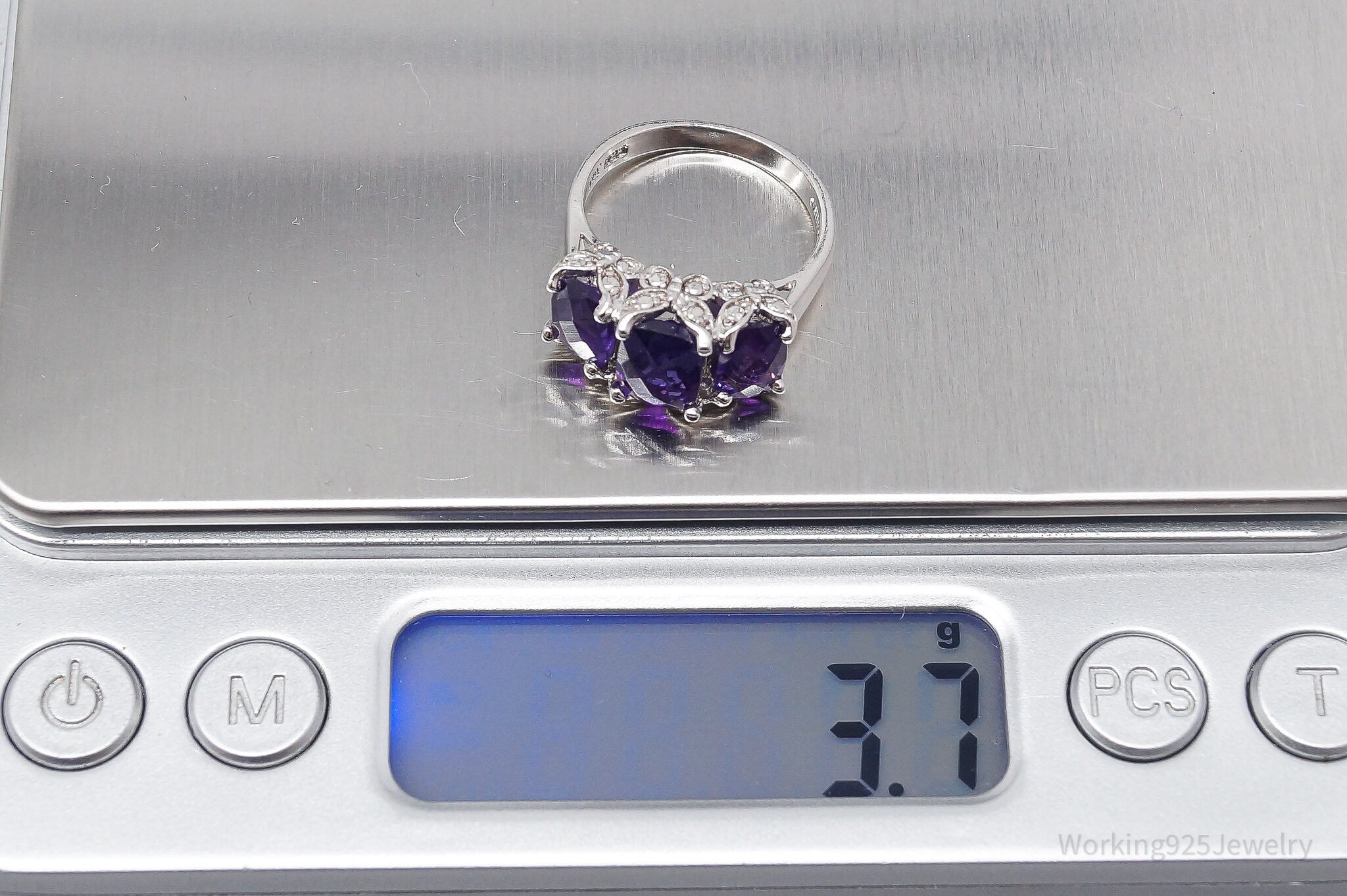 Vintage Designer HT Large Amethyst & Butterflies Sterling Silver Ring - Size 6