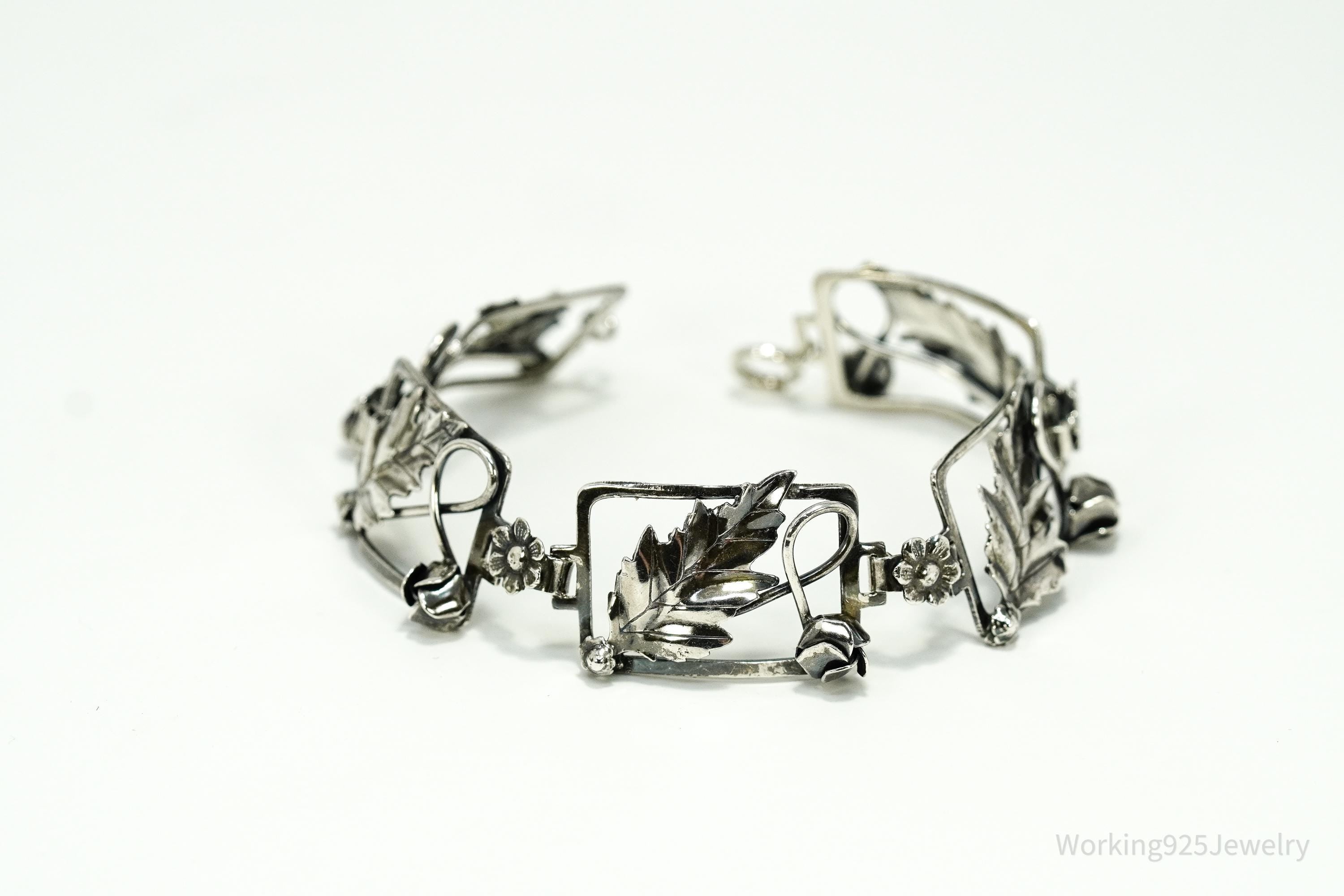 Antique Floral Sterling Silver Bracelet 7.5"