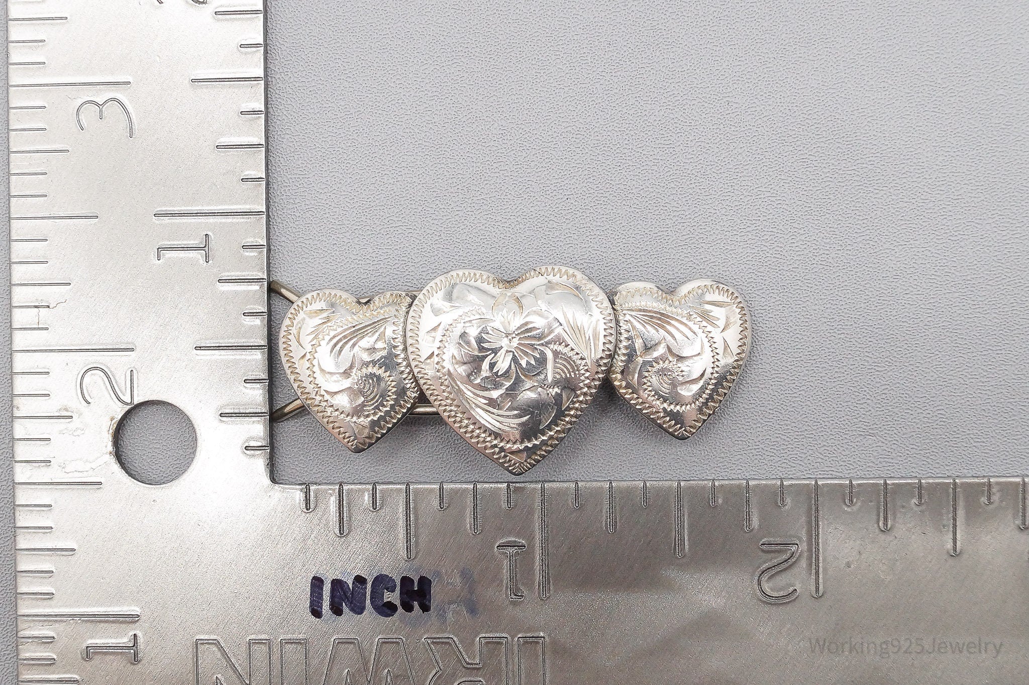 Vintage Floral Etched Hearts Sterling Silver Hair Barrette Clip