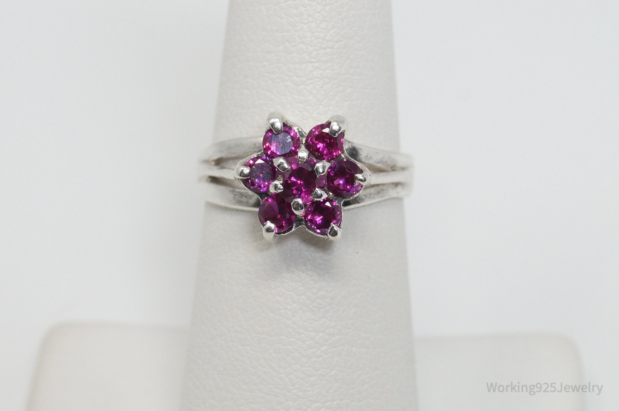 Vintage Pink Topaz Flower Cluster Ring Sterling Silver - Size 6.5