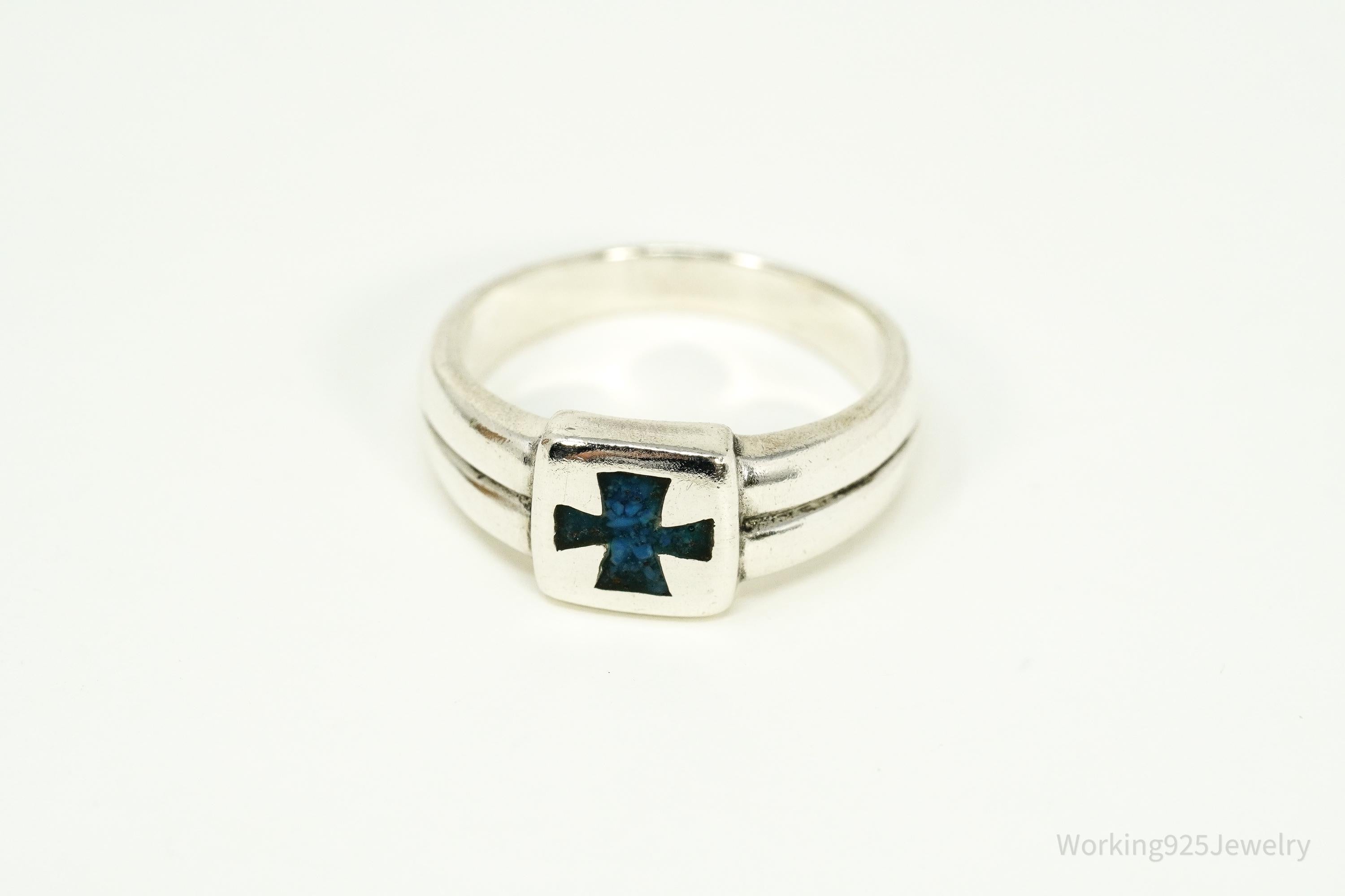 Vintage Blue Lapis Lazuli Inlay Cross Sterling Silver Ring - Size 6.75