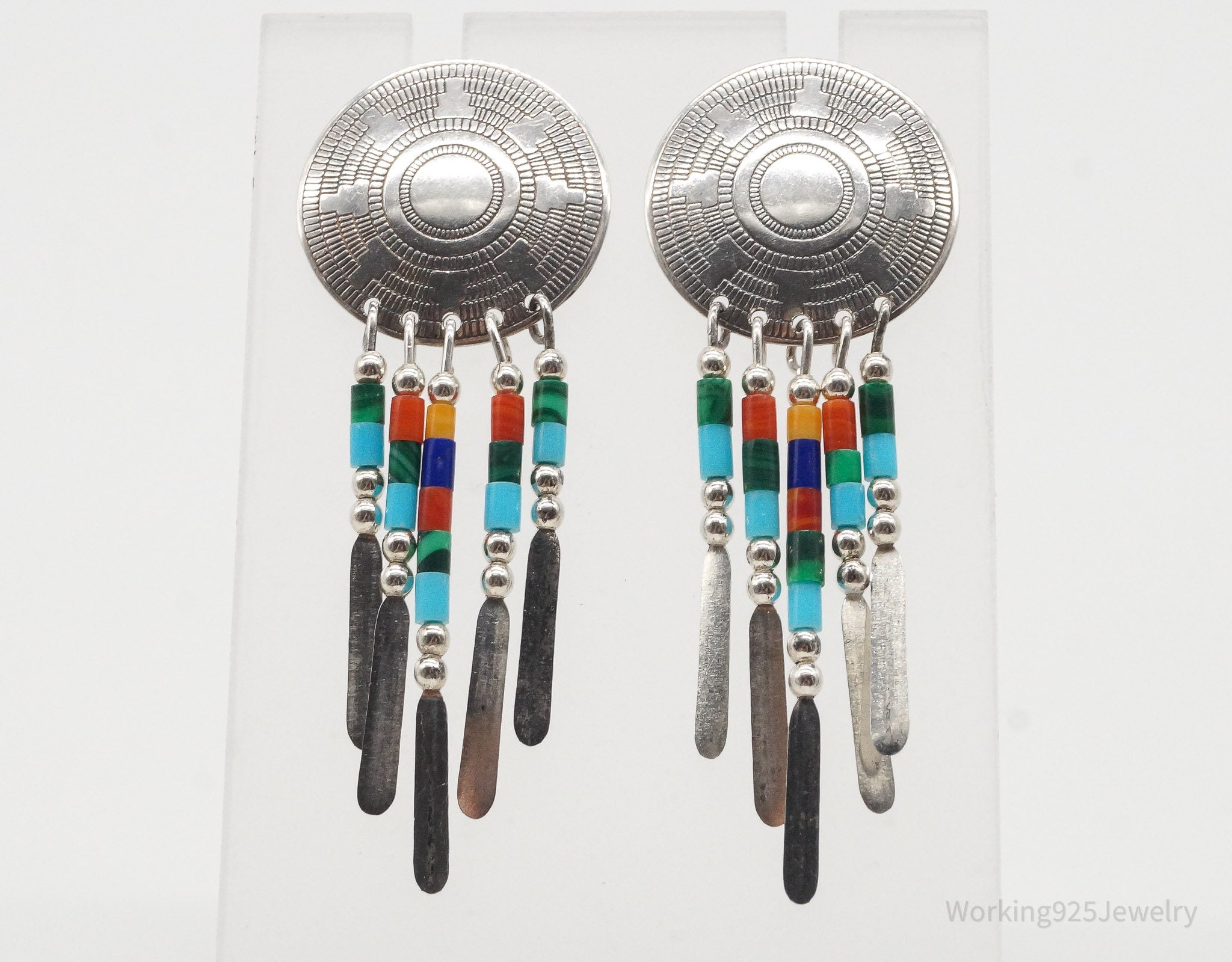 Vintage Native American Multi Gem Bead Sterling Silver Earrings