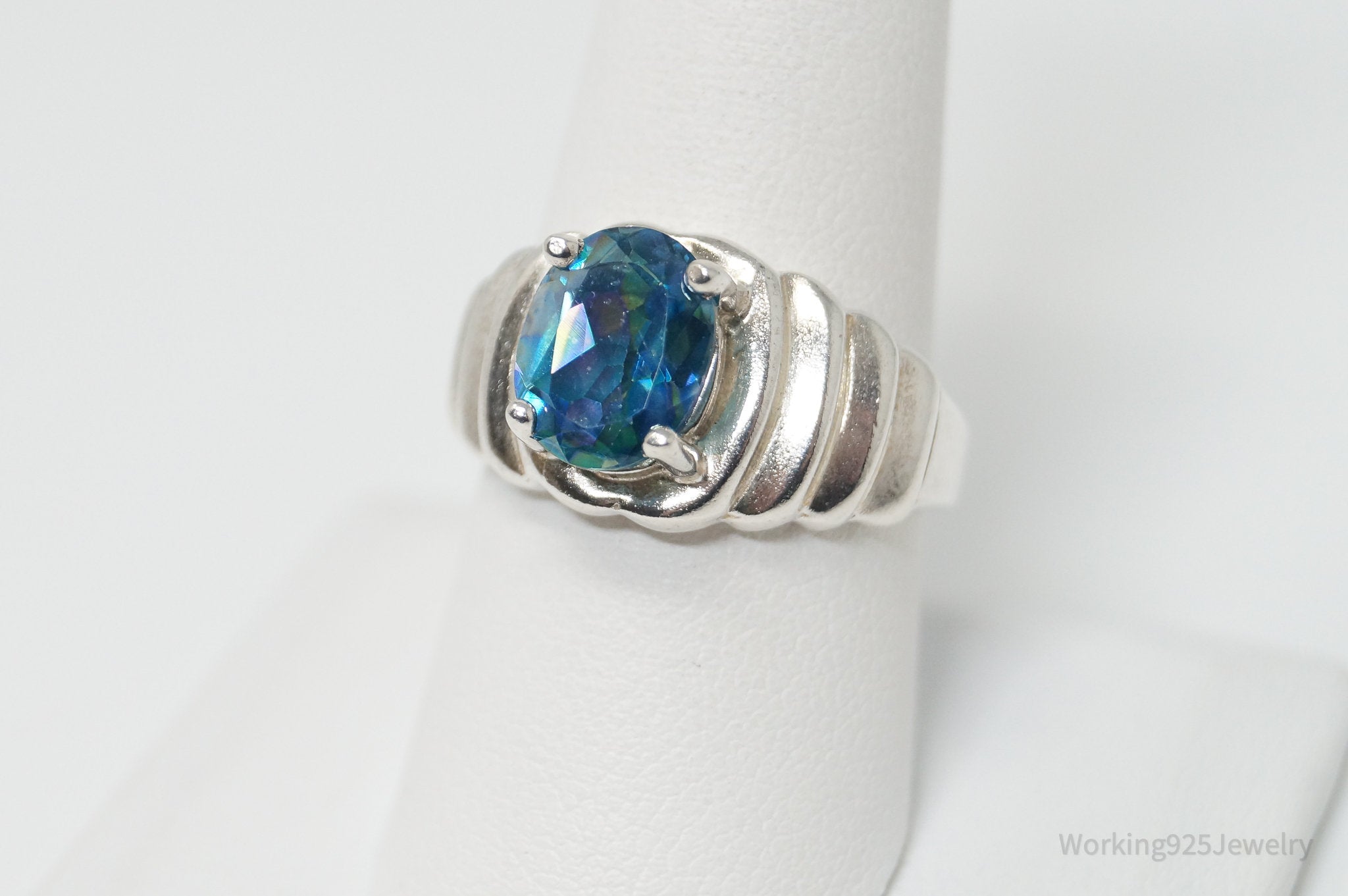 Vintage Art Deco Blue Topaz Sterling Silver Ring - Sz 8.75