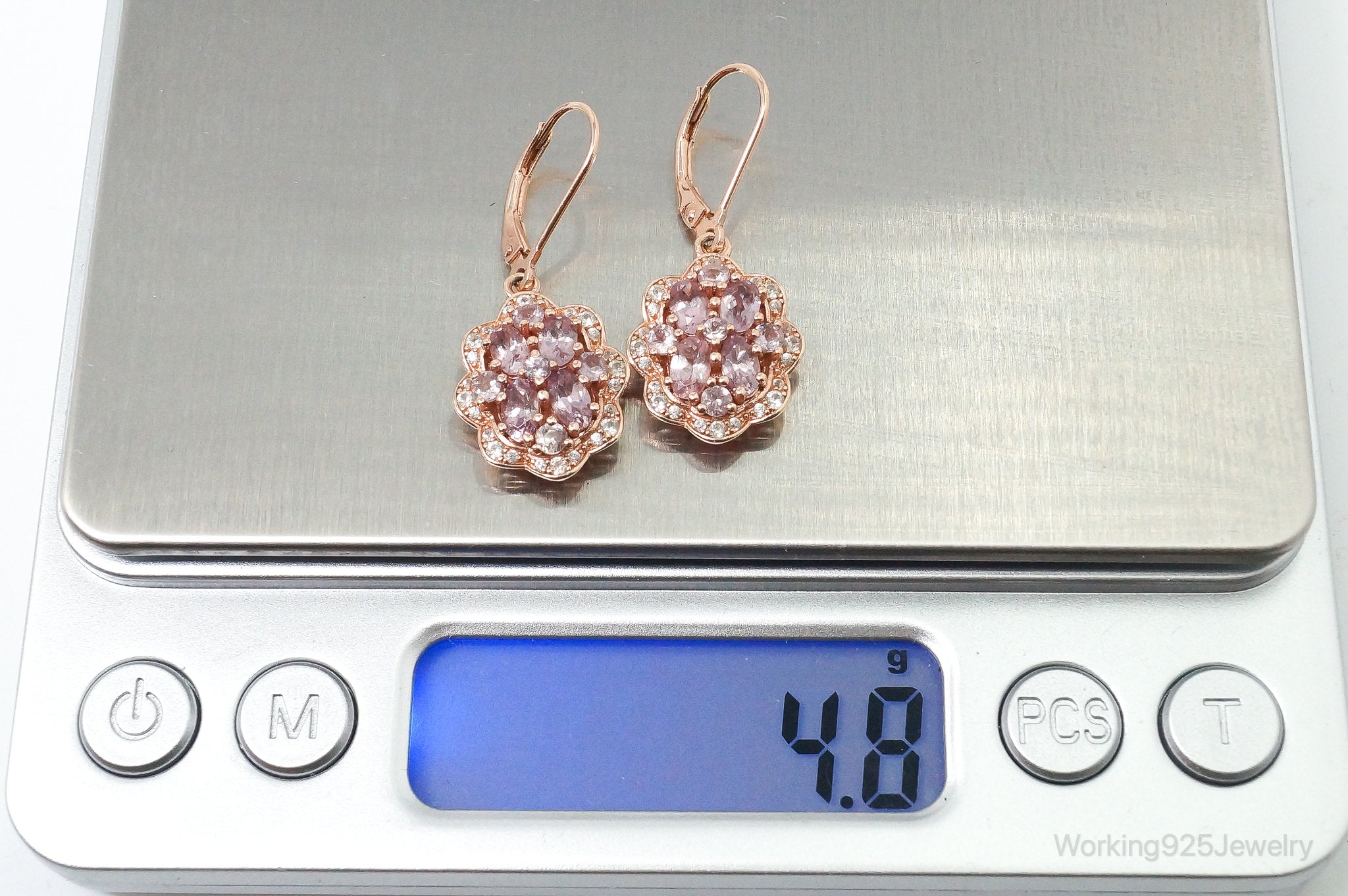 Designer DK CZ Pink Topaz Rose Gold Vermeil Sterling Silver Earrings