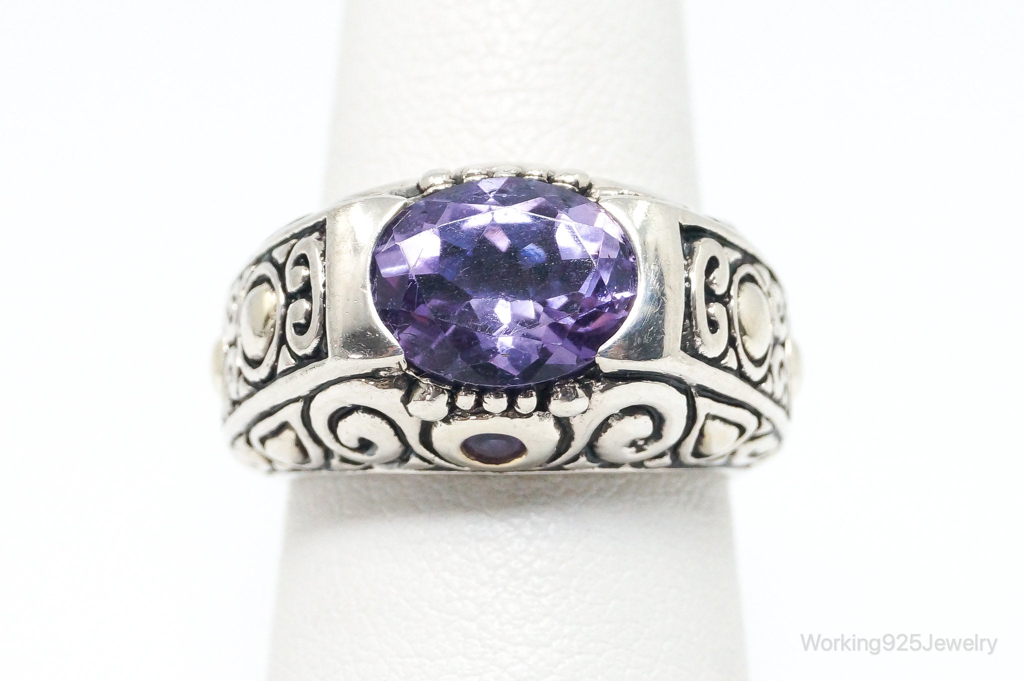 Vintage Designer Art Deco Large Amethyst Sterling Silver Ring - SZ 6.75