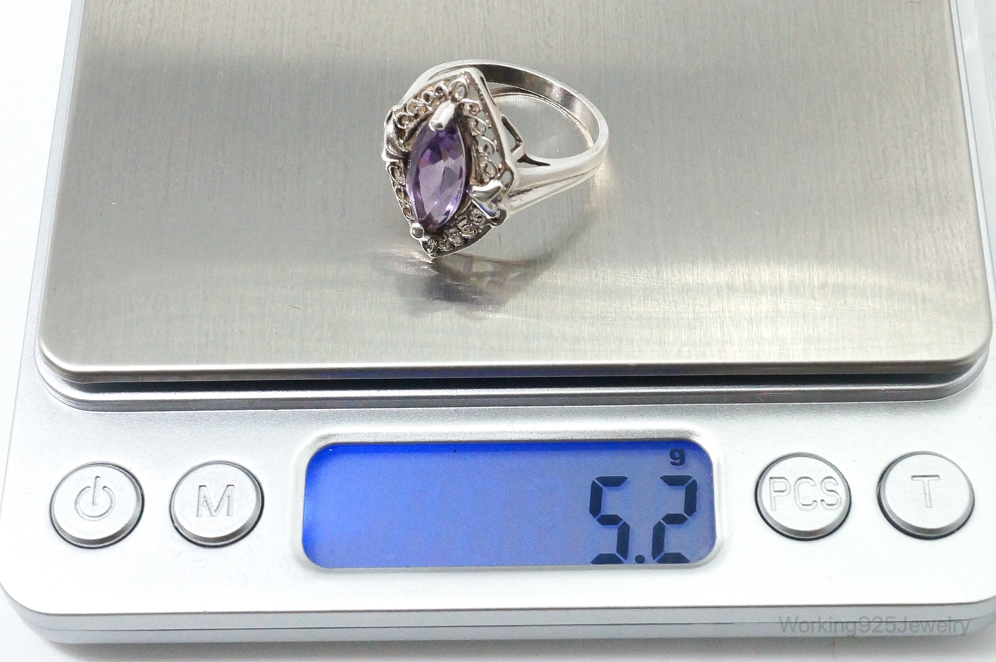 Vintage Art Deco Amethyst Sterling Silver Ring - SZ 9.25