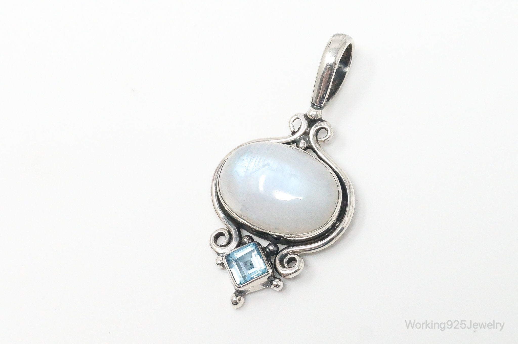 Vintage Blue Topaz Large Moonstone Sterling Necklace Pendant