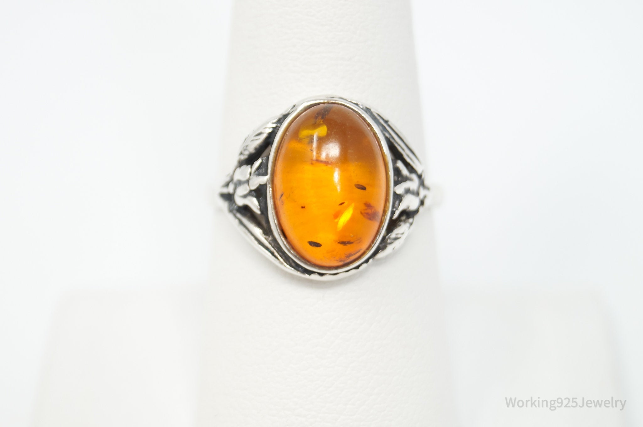 Vintage Baltic Amber Floral Sterling Silver Ring - Size 8