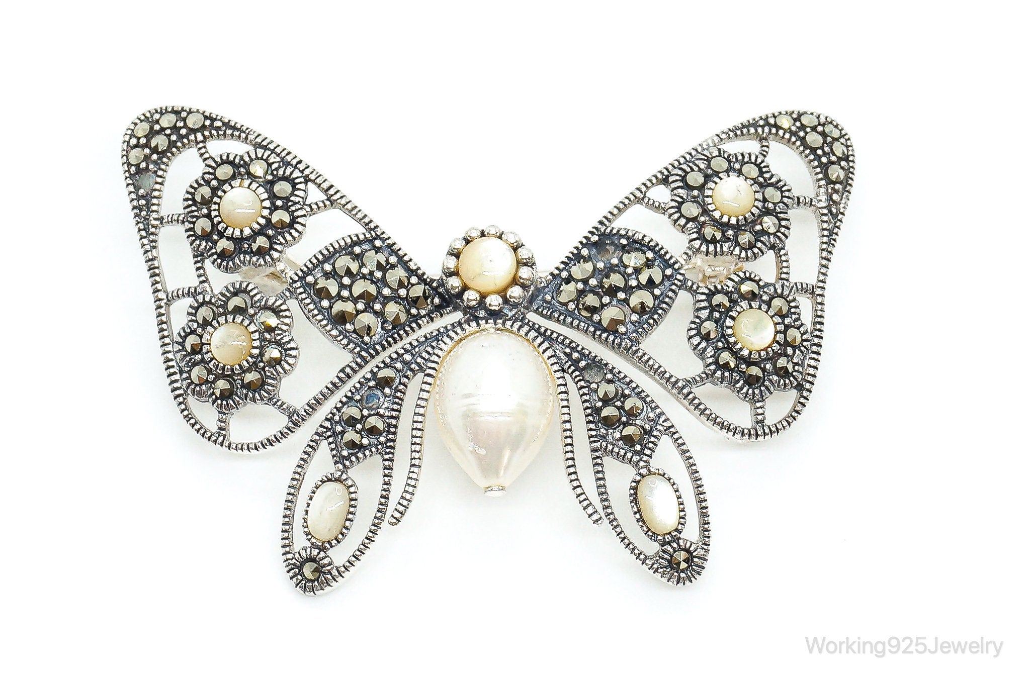 Big Vintage Pearl Marcasite Sterling Silver Butterfly Brooch Pin