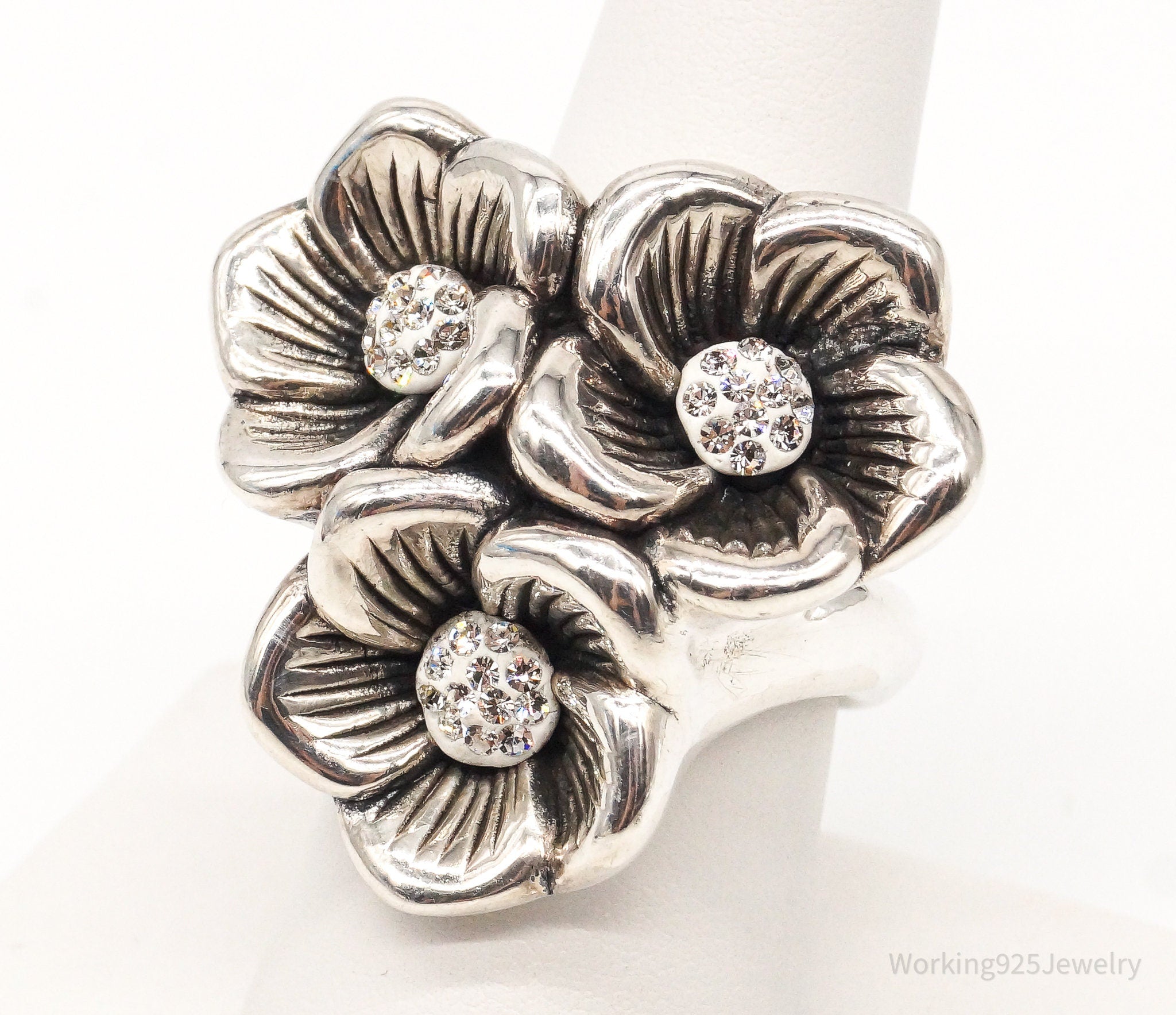 Vintage Crystal Flowers Sterling Silver Hollow Ring - Size 8