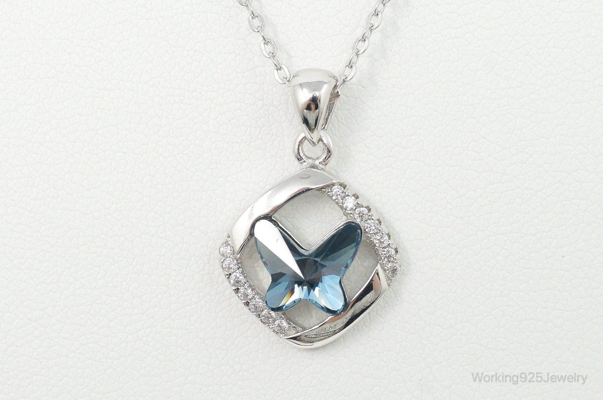 Blue Crystal Cubic Zirconia Butterfly Sterling Silver Necklace