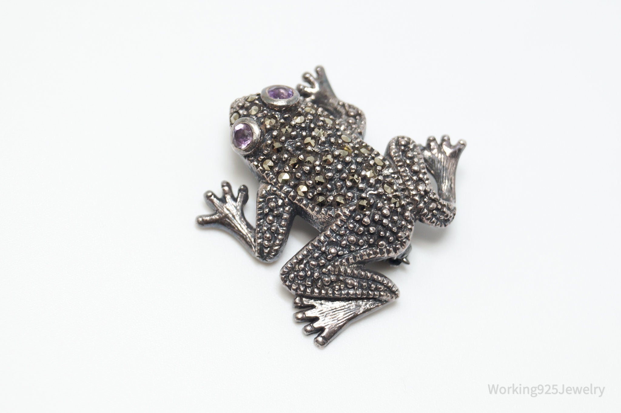 Vintage Art Deco Marcasite Amethyst Frog Sterling Silver Brooch Pin