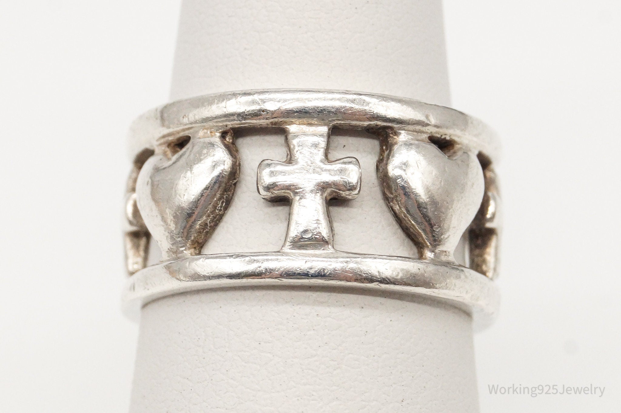 Vintage Hearts & Crosses Sterling Silver Ring - Size 6