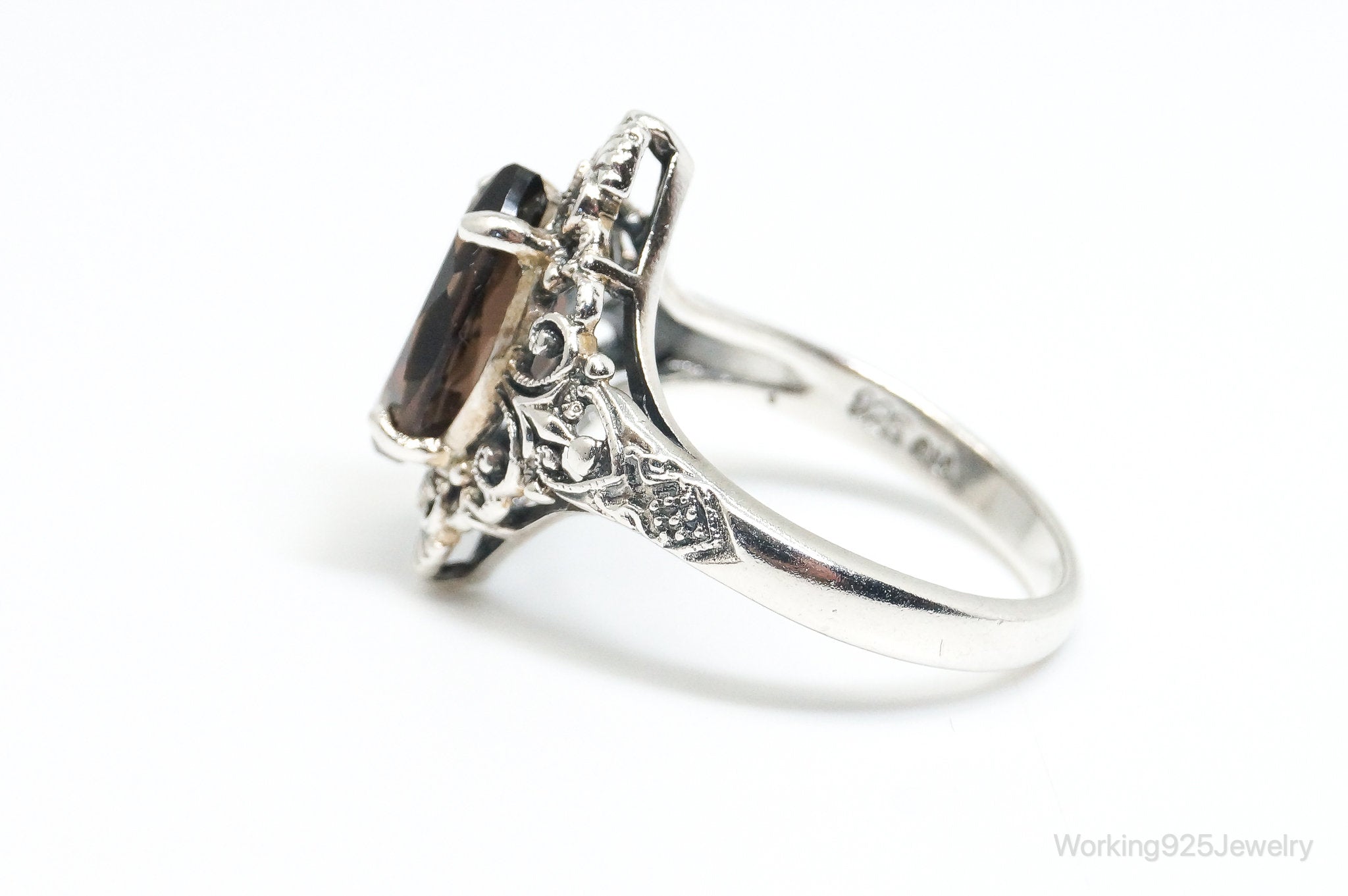 Vintage Designer CNA Smoky Topaz Scroll Sterling Silver Ring - SZ 9