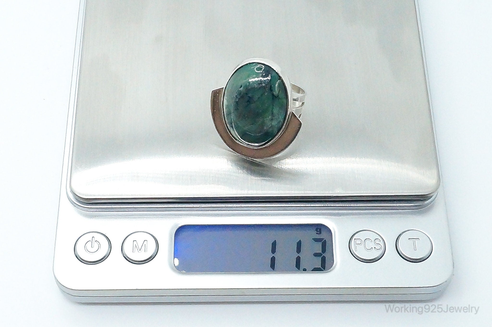 Vintage Green Agate Sterling Silver Ring - Size 8.25