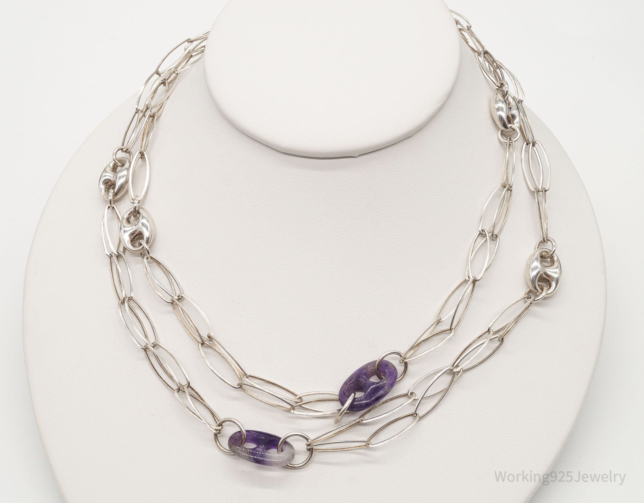 Vintage Amethyst Sterling Silver Chain Necklace 34"