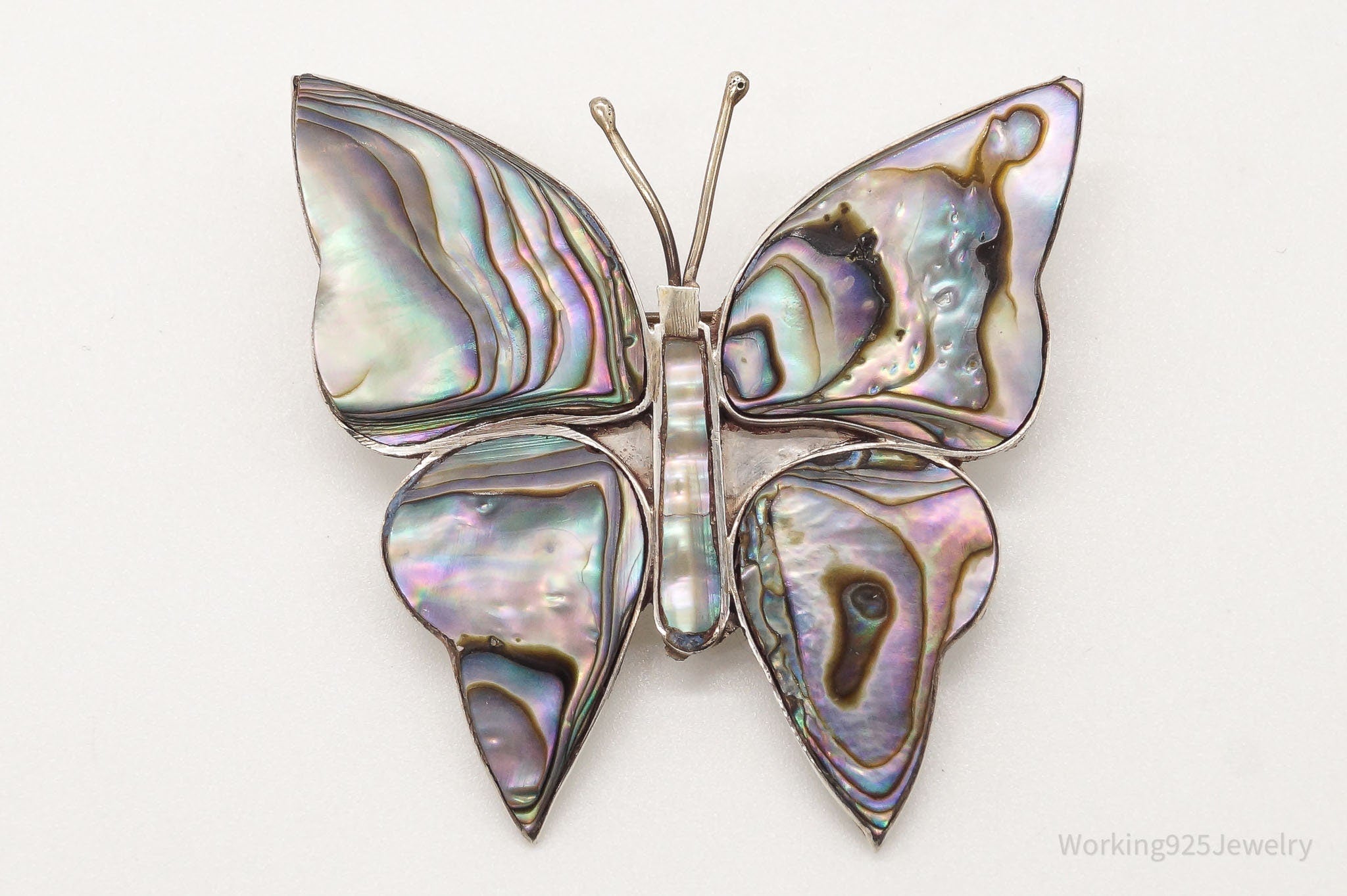 Large Vintage Paua Abalone Shell Butterfly Sterling Silver Mexico Brooch Pin