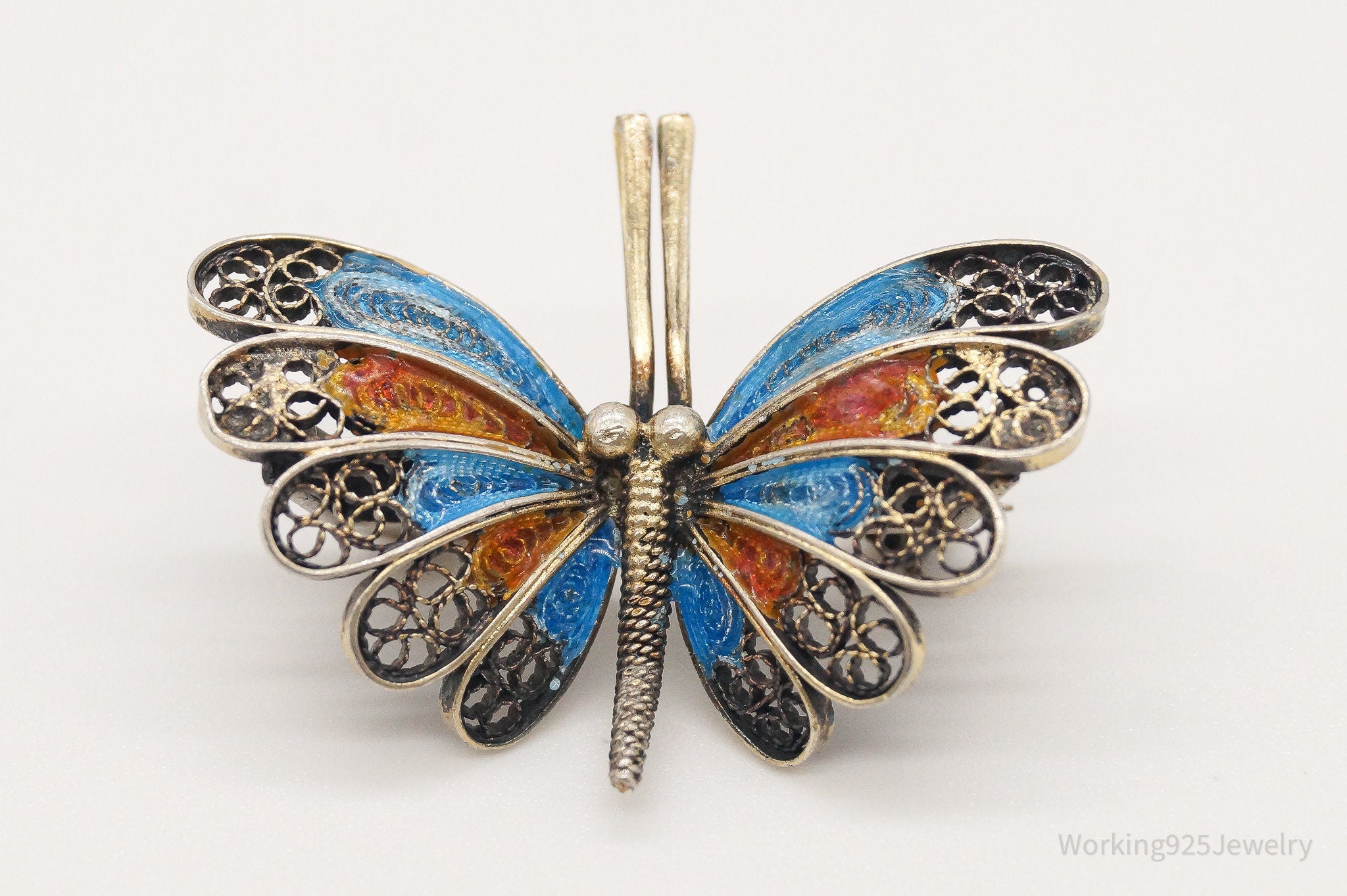 Vintage Butterfly Enamel Gold Wash 800 Silver Filigree Pin Brooch