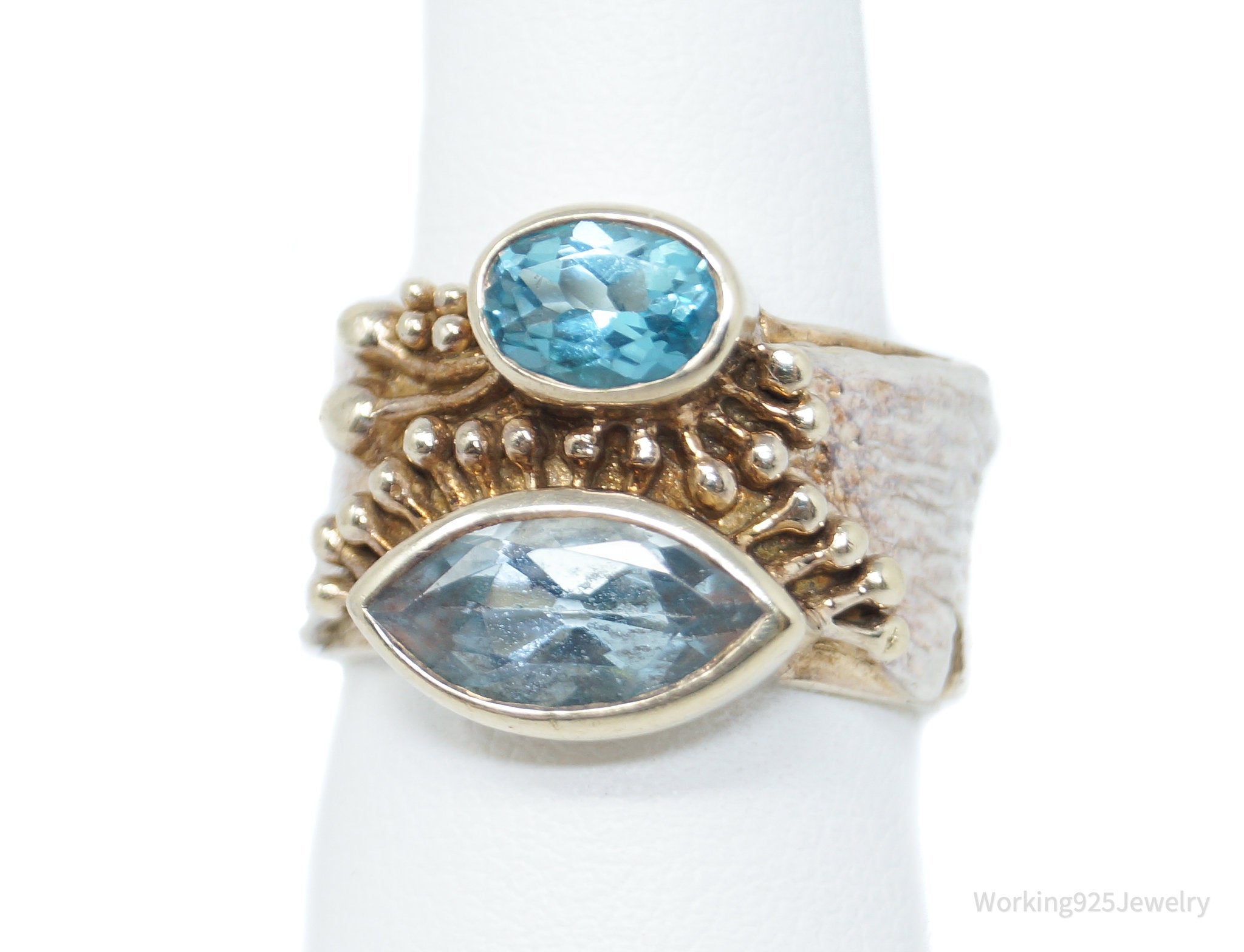 Vintage Designer Blue Topaz Sterling Silver Gold Wash Two Tone Ring - Size 6.5