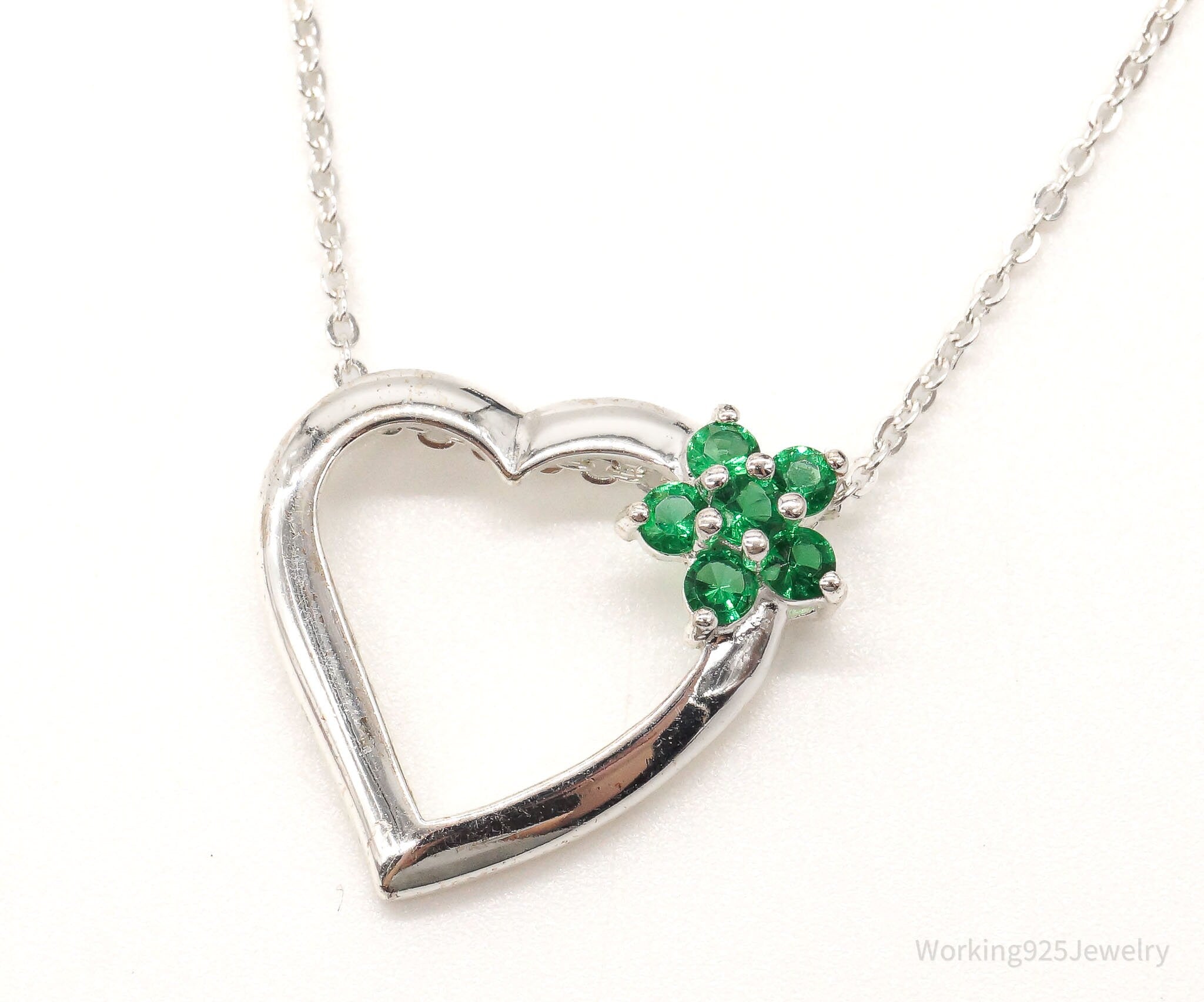 Vintage Designer Avon Green Cubic Zirconia Heart Sterling Silver Necklace