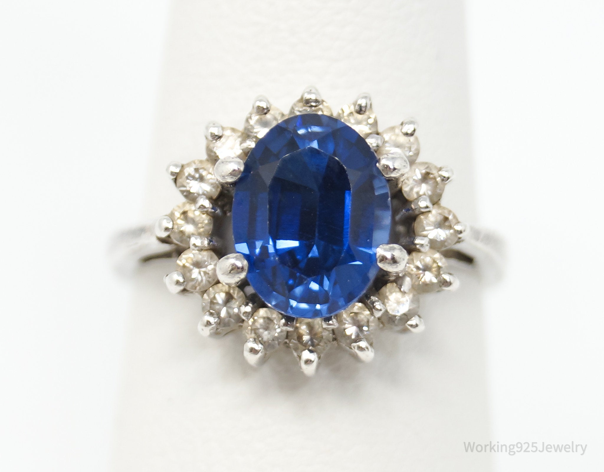 Vintage Art Deco Style Blue Glass CZ Sterling Silver Ring - Size 6