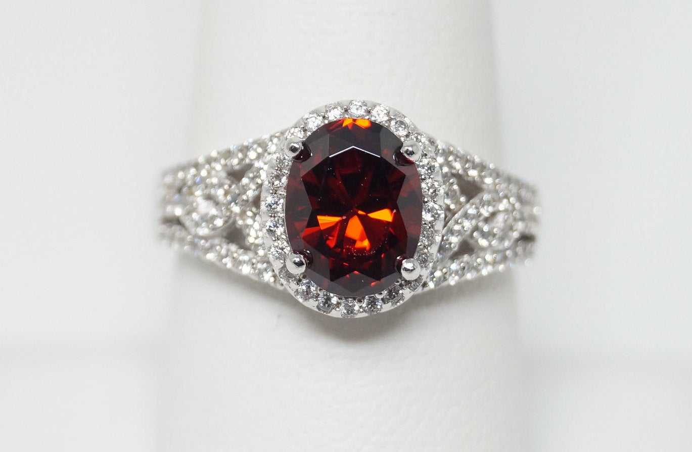 Vintage Art Deco Style Garnet CZ Sterling Silver Ring Size 8