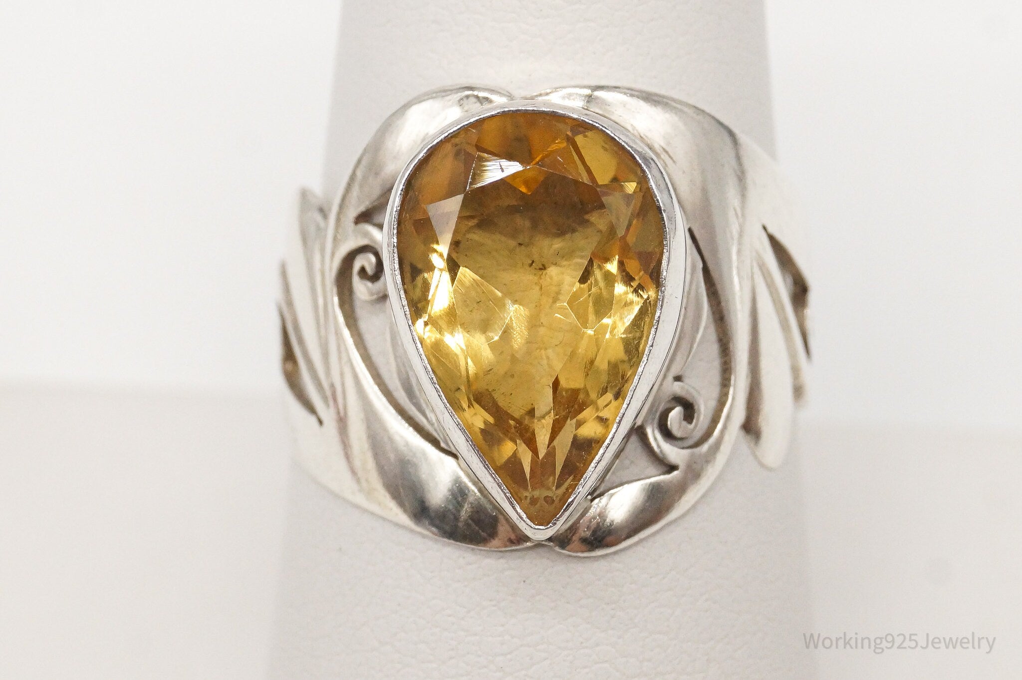 Vintage Large Citrine Sterling Silver Ring - Size 8.5