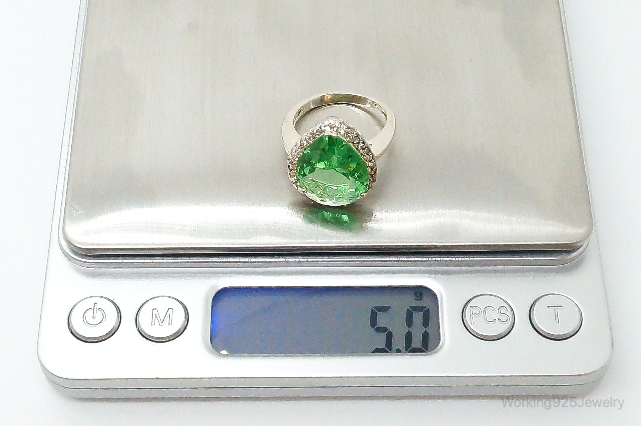 Large Green Glass Cubic Zirconia Sterling Silver Ring Size 7.5