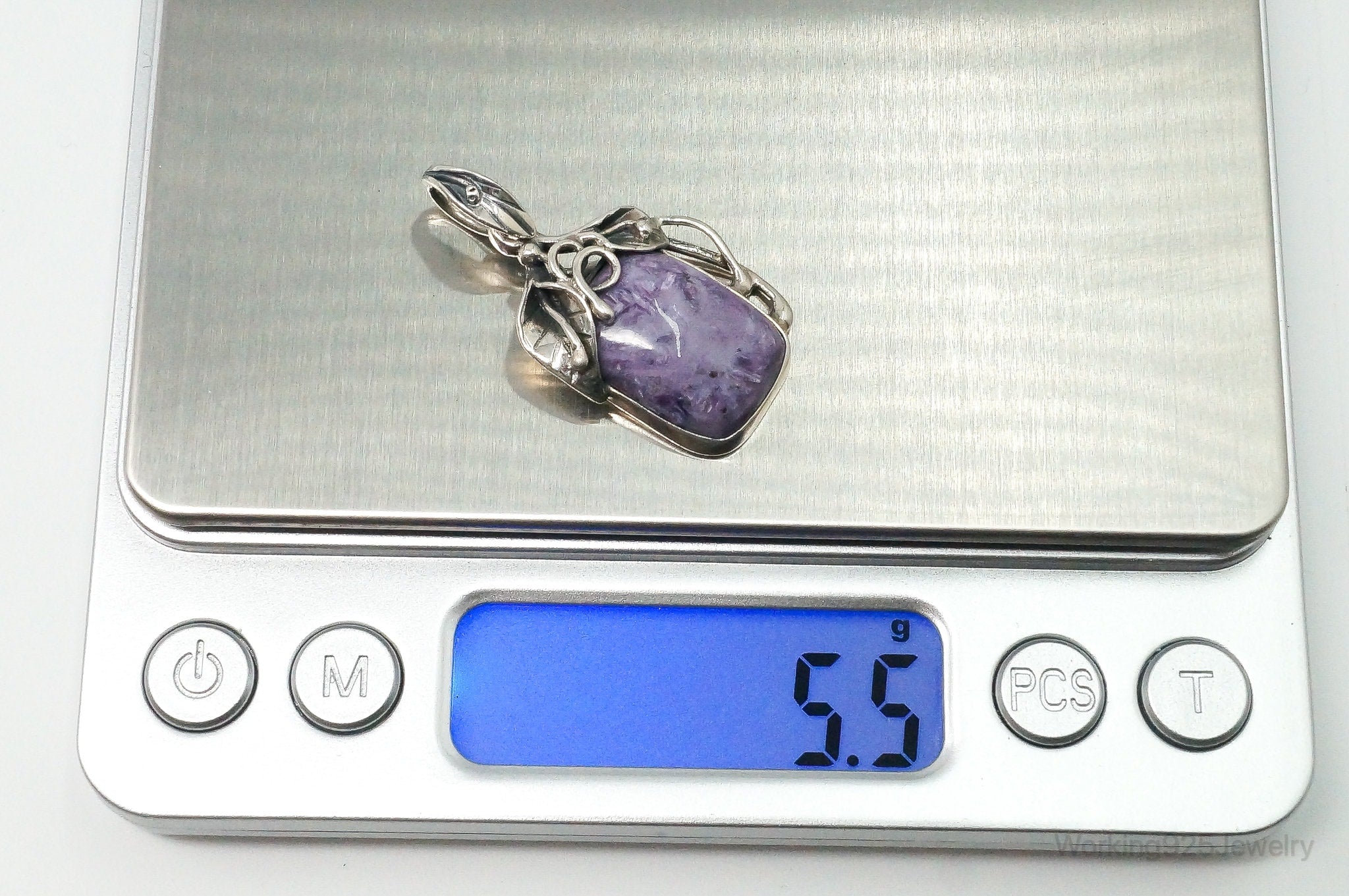 Vintage Large Charoite Sterling Silver Necklace Pendant