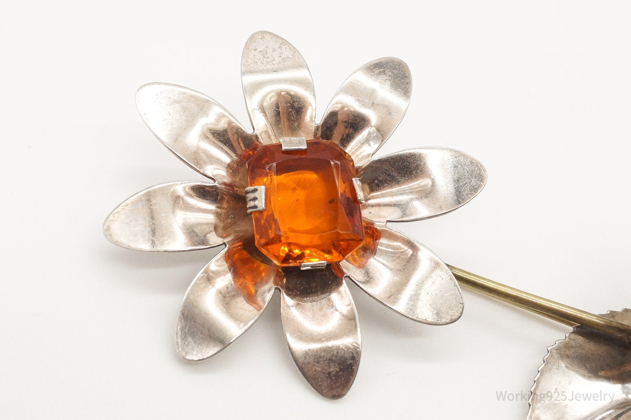 Antique Large Orange Stone Flower Sterling Silver Brooch Pin