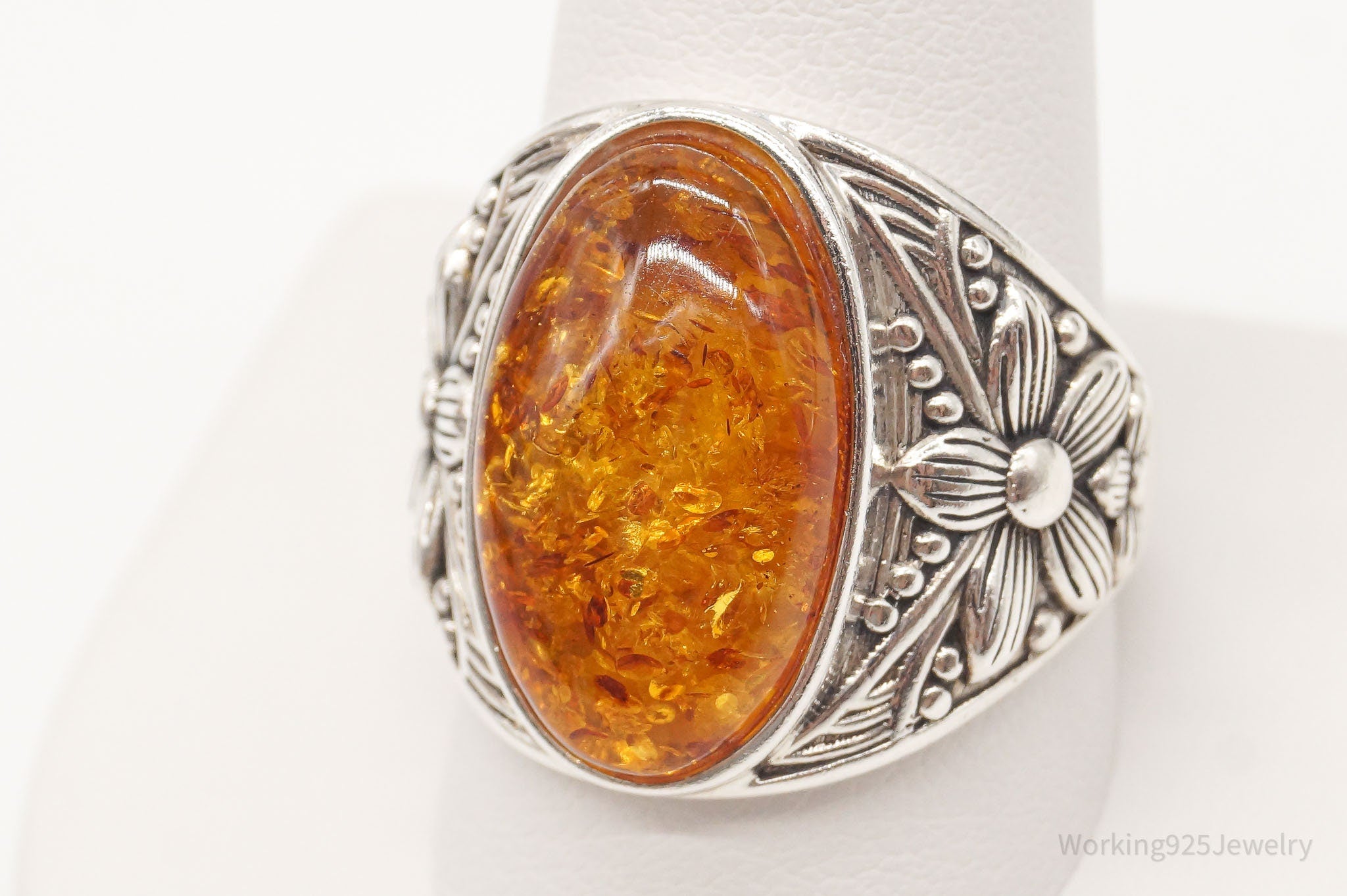 Vintage Designer BBJ Large Amber Sterling Silver Ring - Size 11