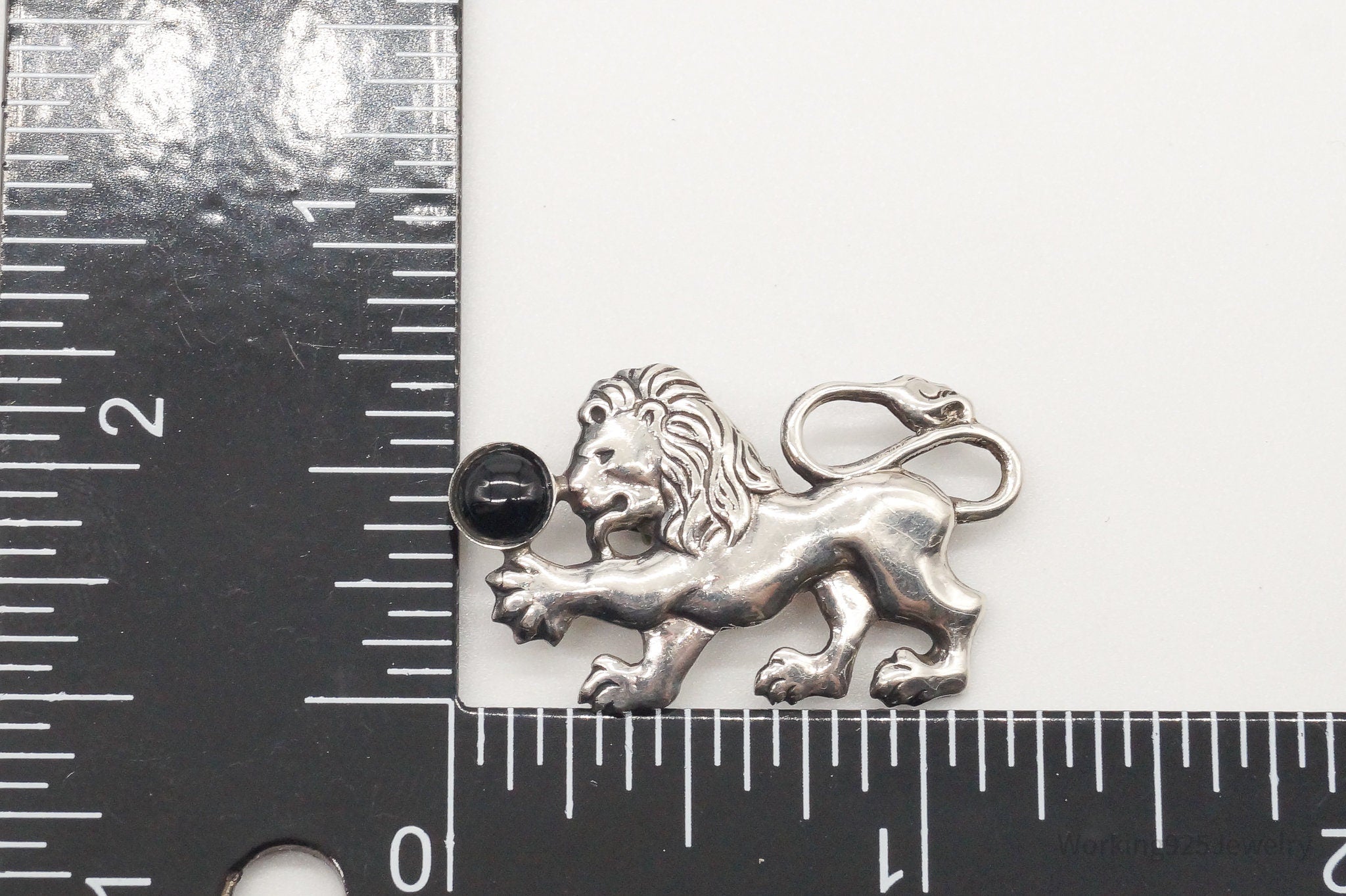 Antique Black Onyx Lion & Ball Silver Pin Brooch